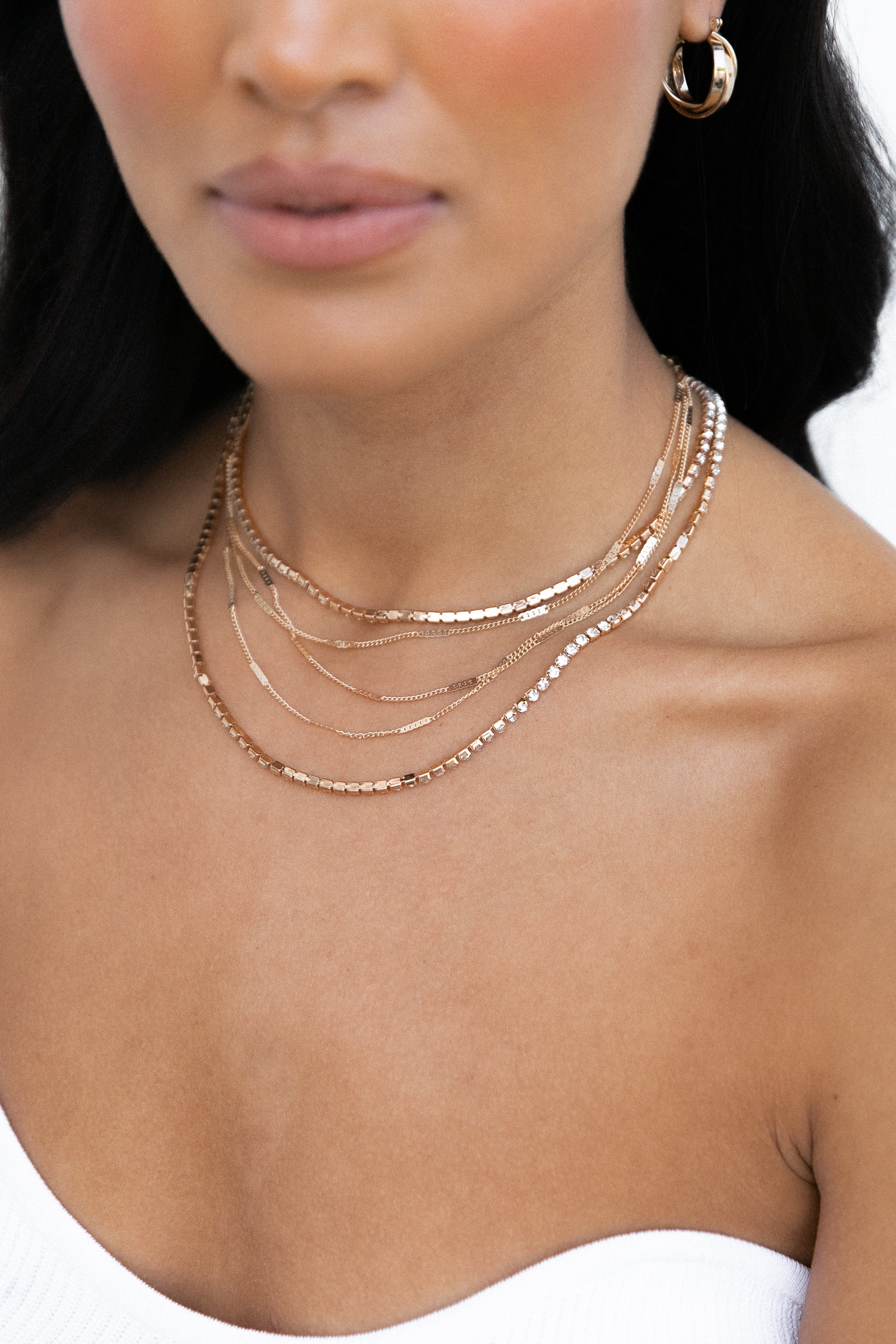 Gold Layered Necklace Set with Diamante - Venia Adjustable 5-Layer Chain