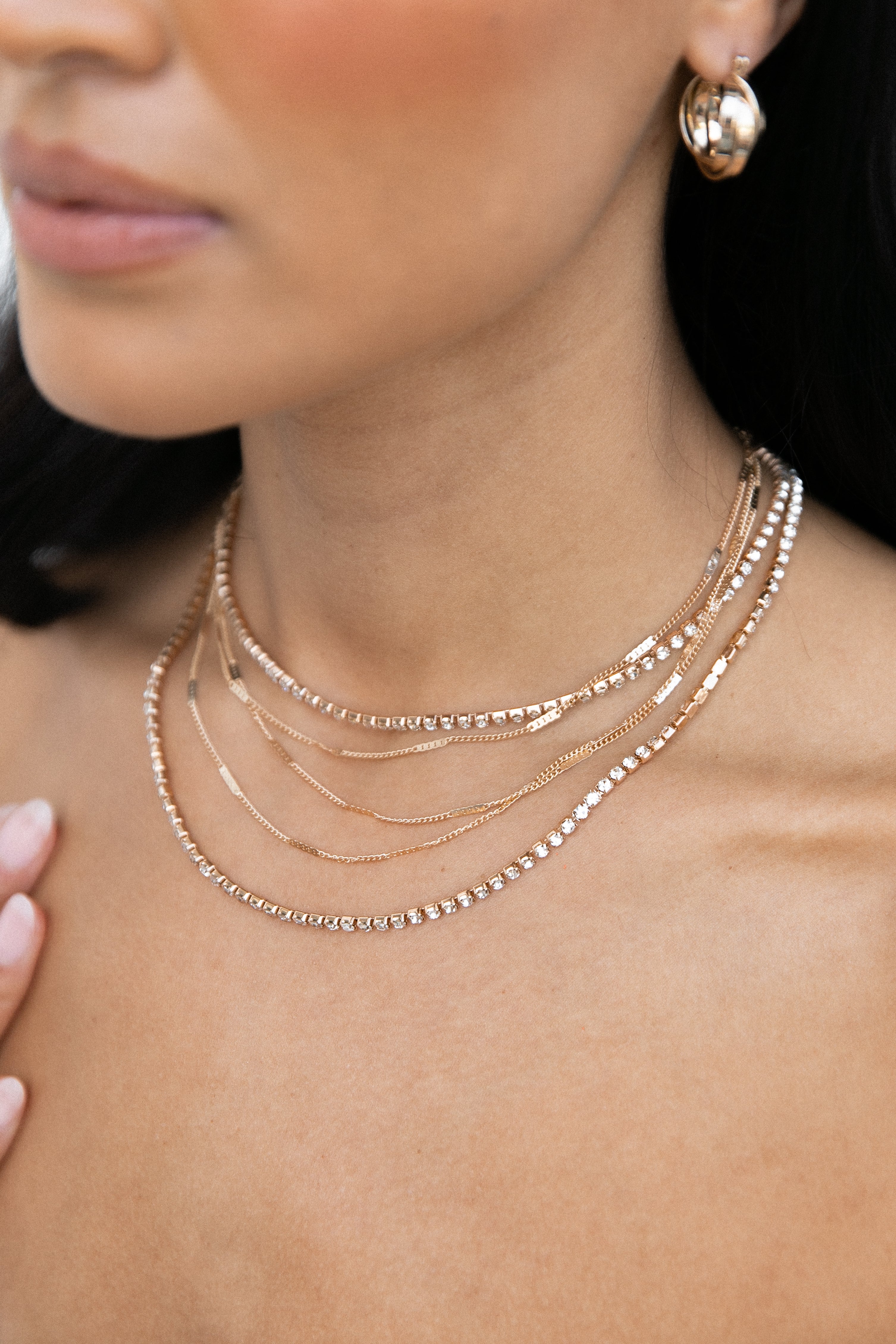 Gold Layered Necklace Set with Diamante - Venia Adjustable 5-Layer Chain
