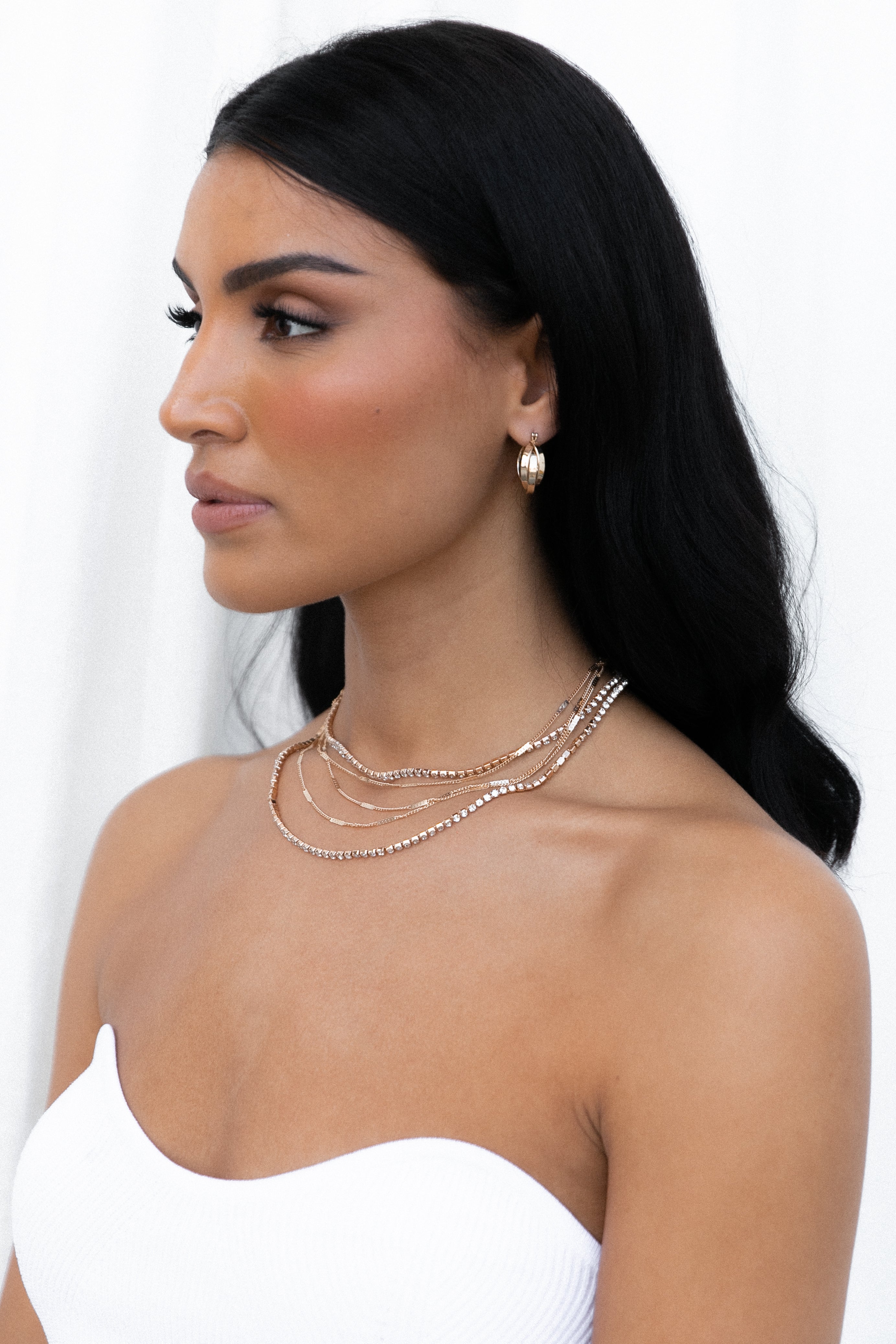 Gold Layered Necklace Set with Diamante - Venia Adjustable 5-Layer Chain