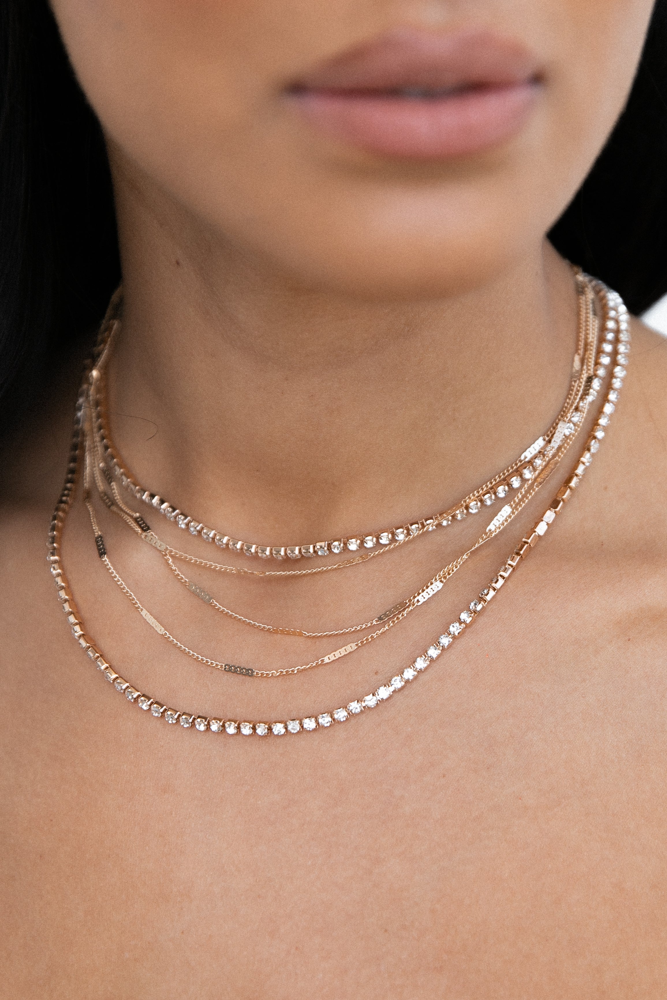 Gold Layered Necklace Set with Diamante - Venia Adjustable 5-Layer Chain