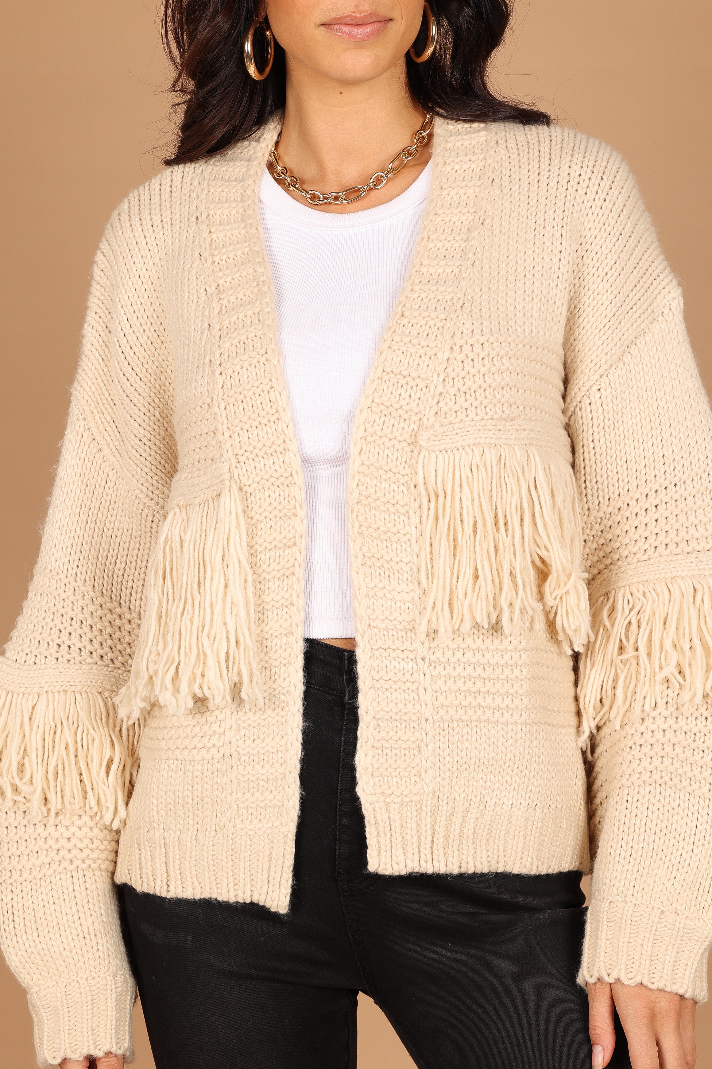 Ivory Cheryl Fringe Cardigan Sweater - Open Front Long Sleeves