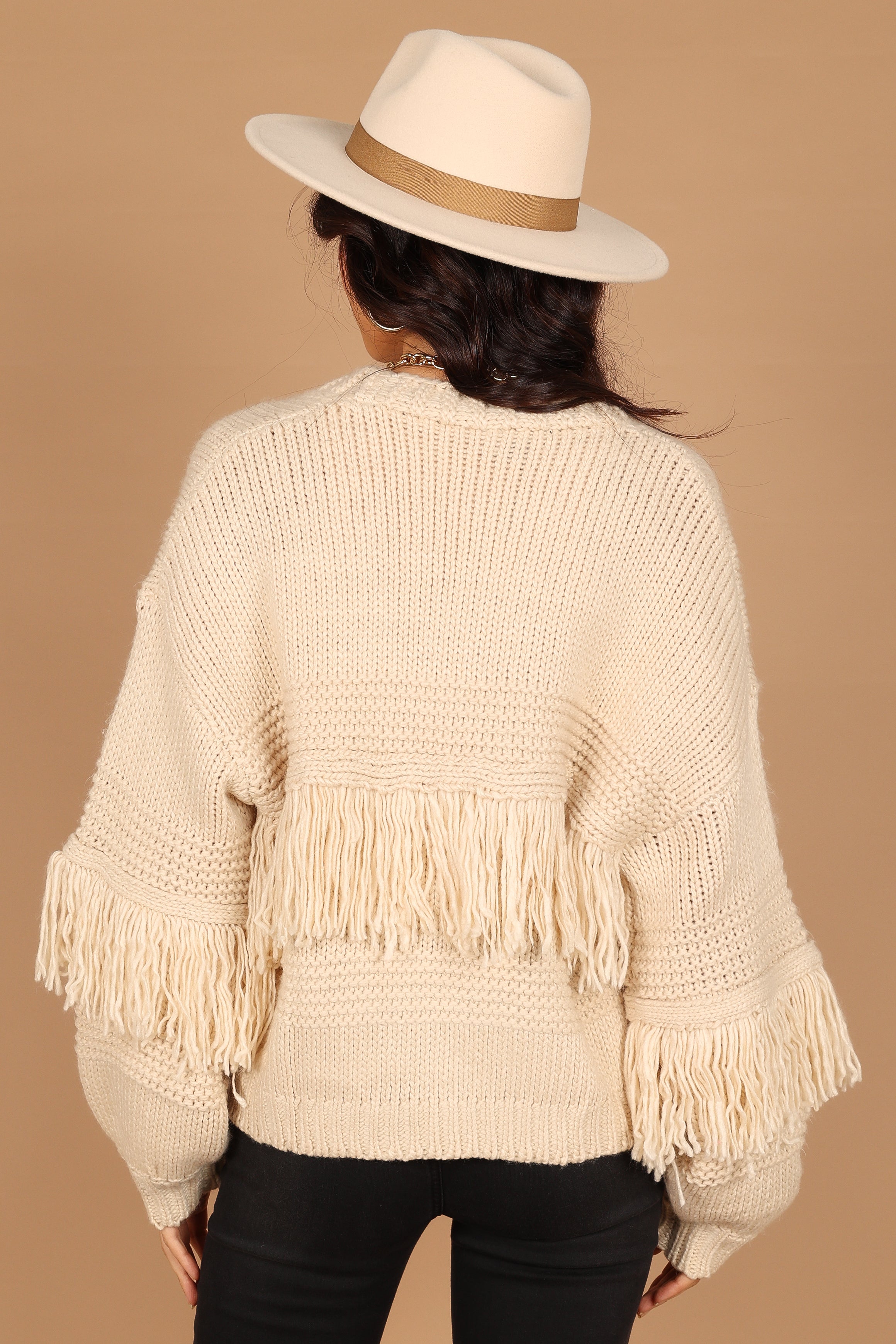 Ivory Cheryl Fringe Cardigan Sweater - Open Front Long Sleeves