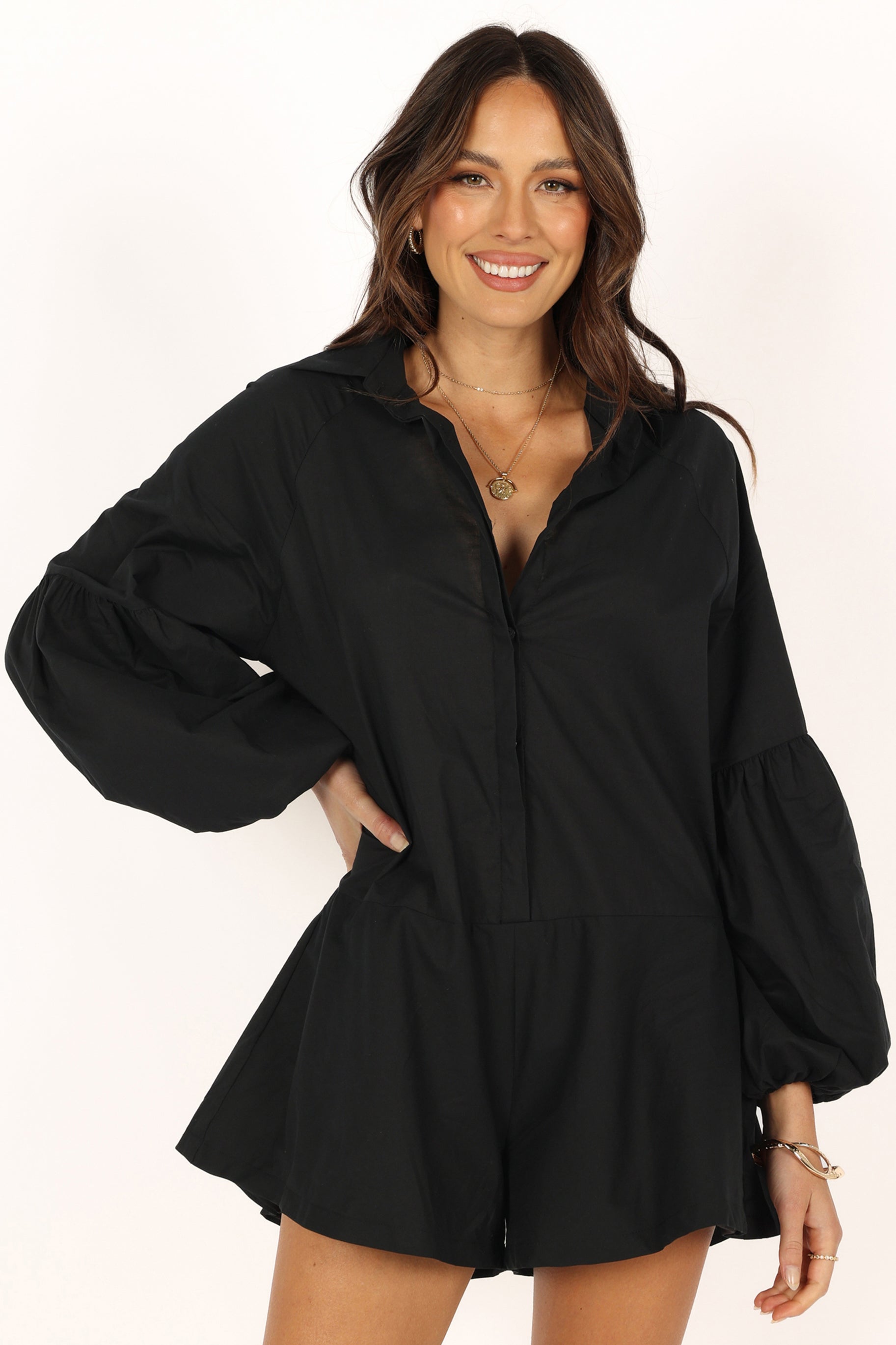 Black Cotton Elsa Romper with Pockets & Button Front