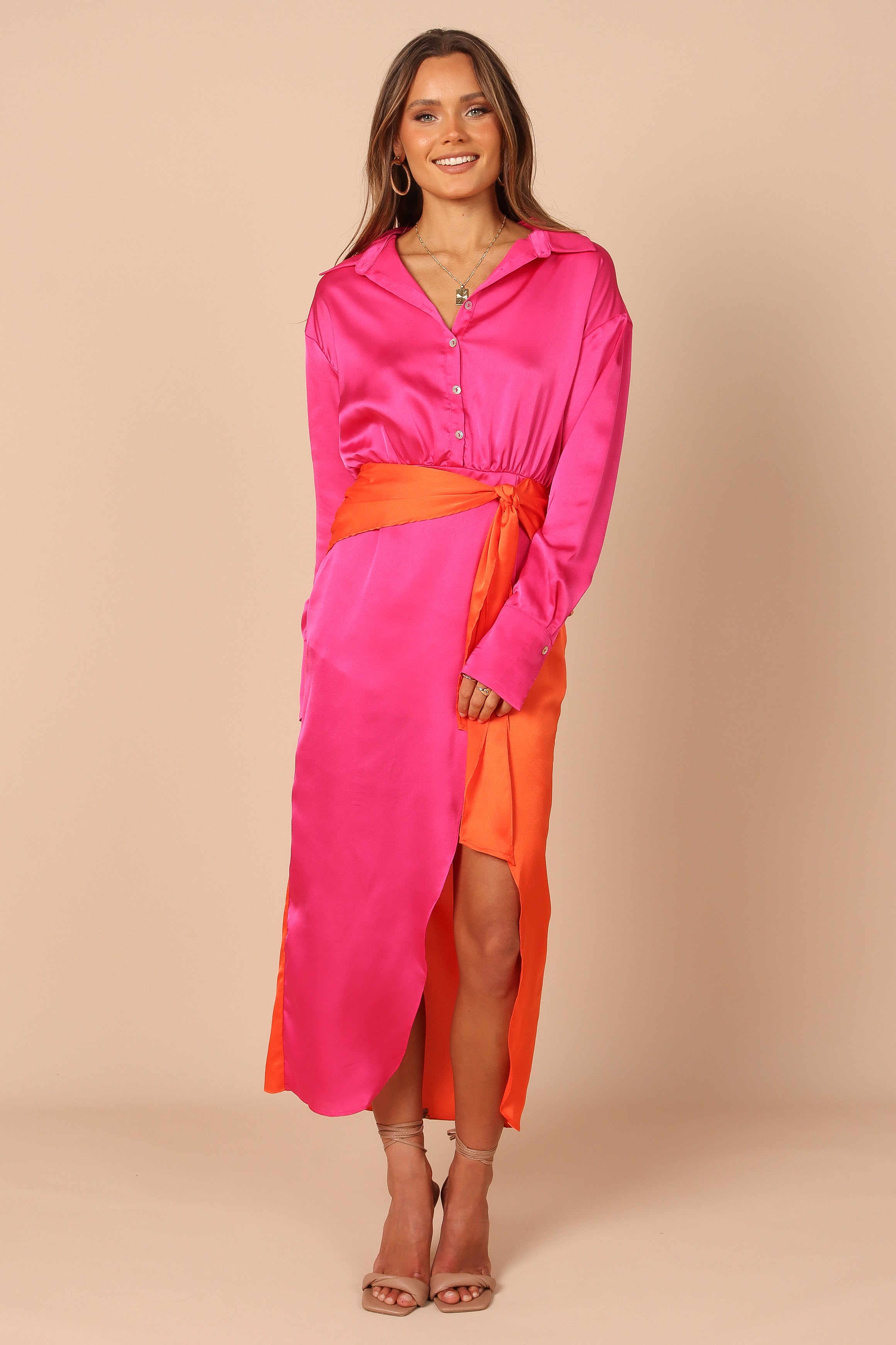 Austin Satin Wrap Maxi Dress with Color Block & Waist Tie - Pink/Orange