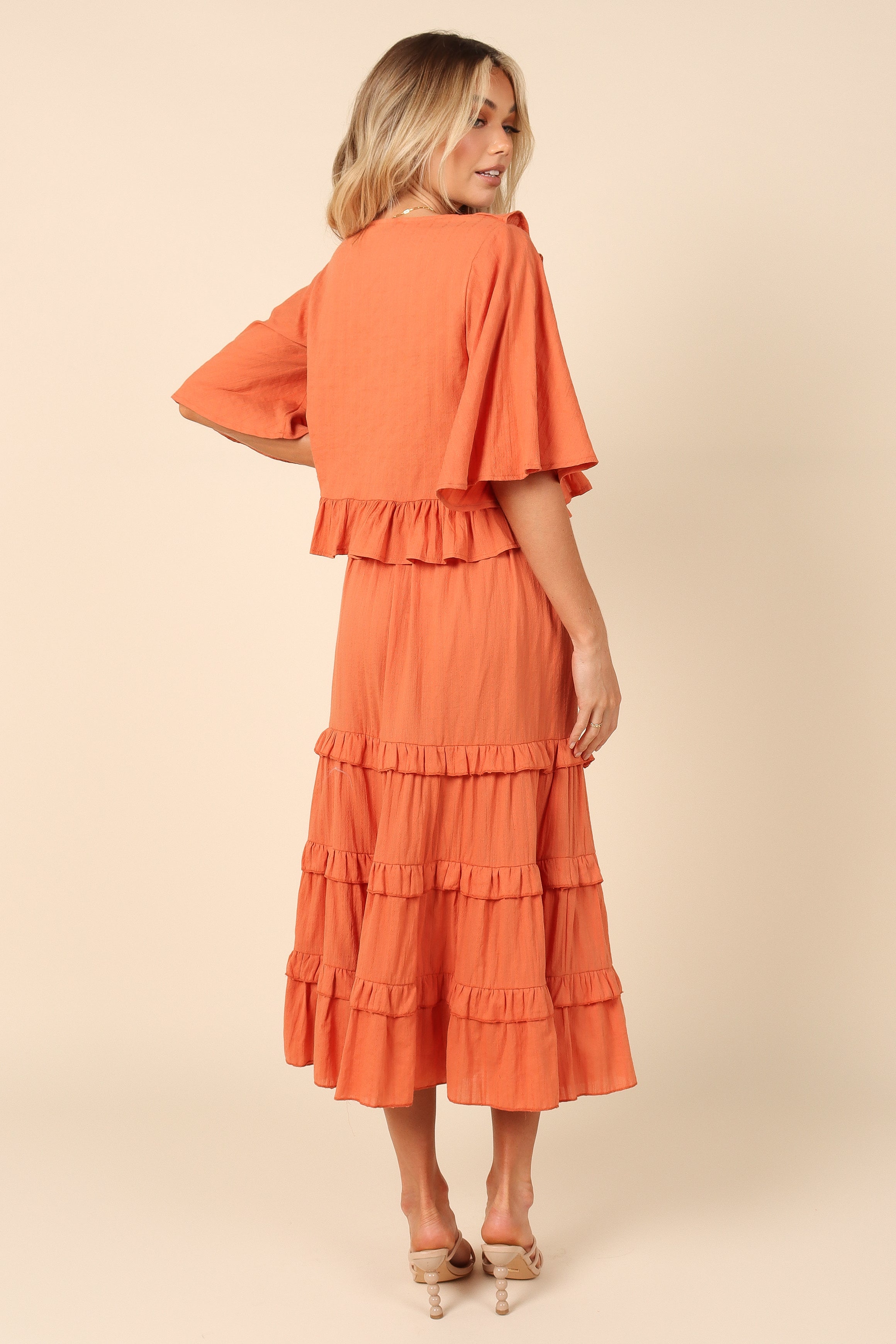 Sheridan Cotton Cropped Ruffle Top - Rust V-Neck Blouse