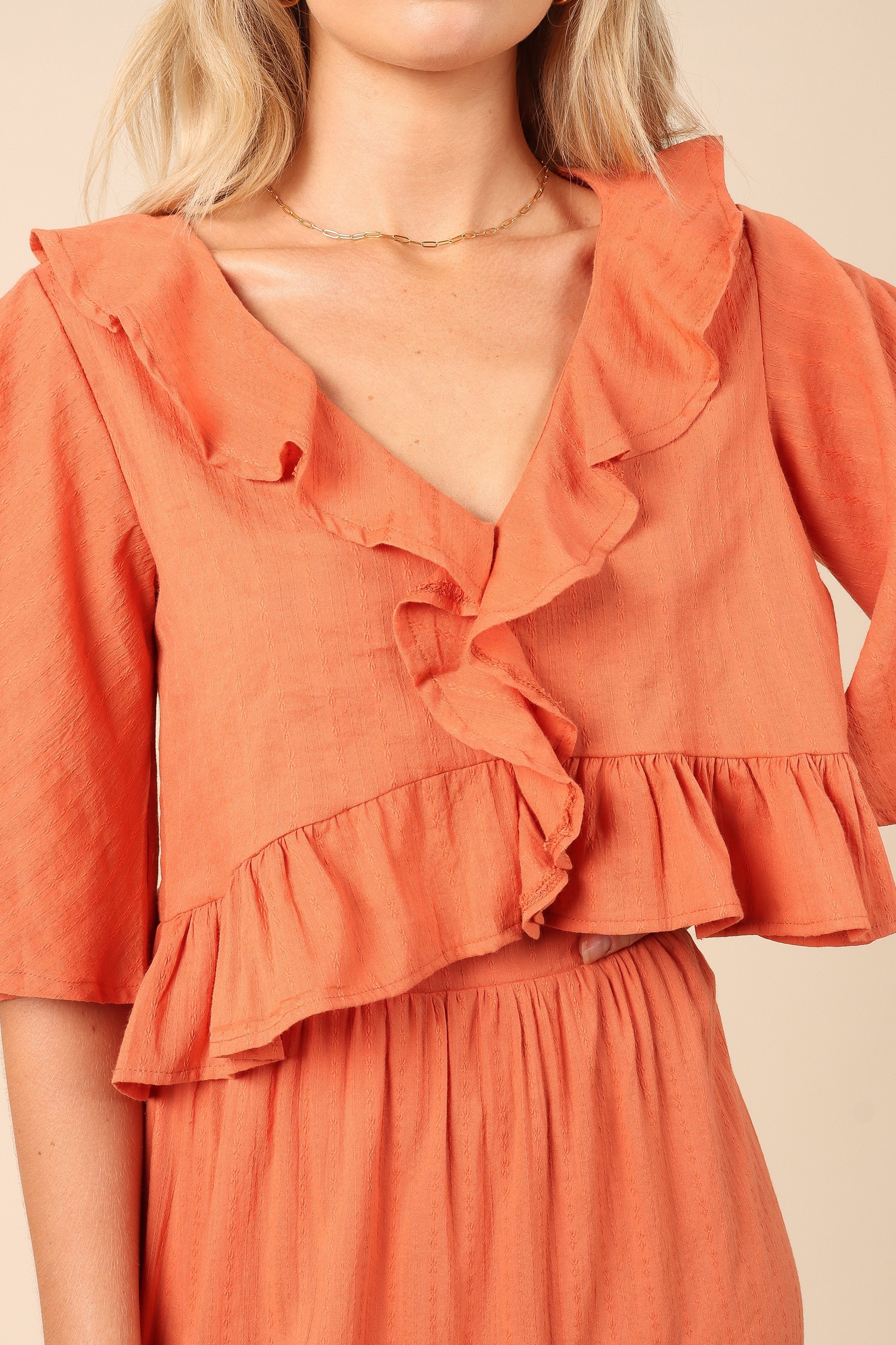 Sheridan Cotton Cropped Ruffle Top - Rust V-Neck Blouse