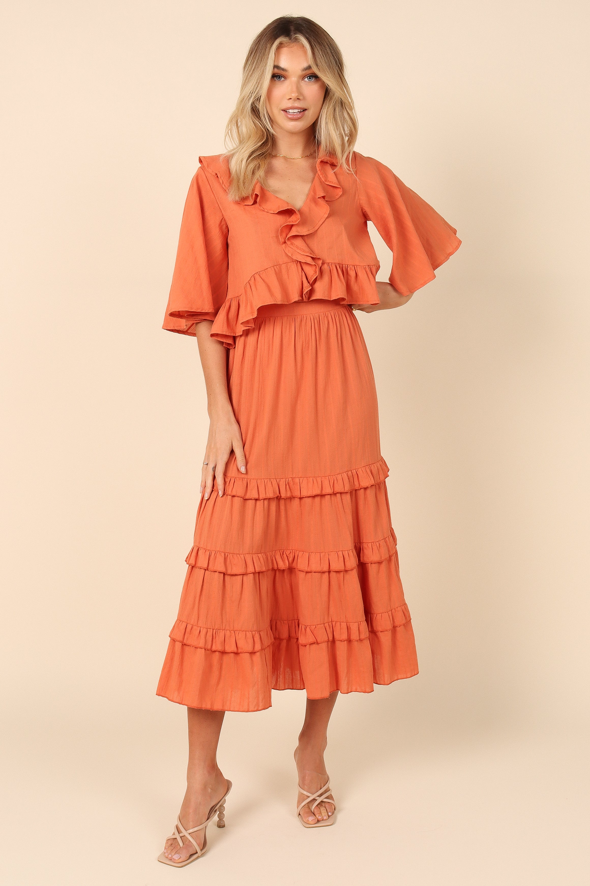 Sheridan Cotton Cropped Ruffle Top - Rust V-Neck Blouse