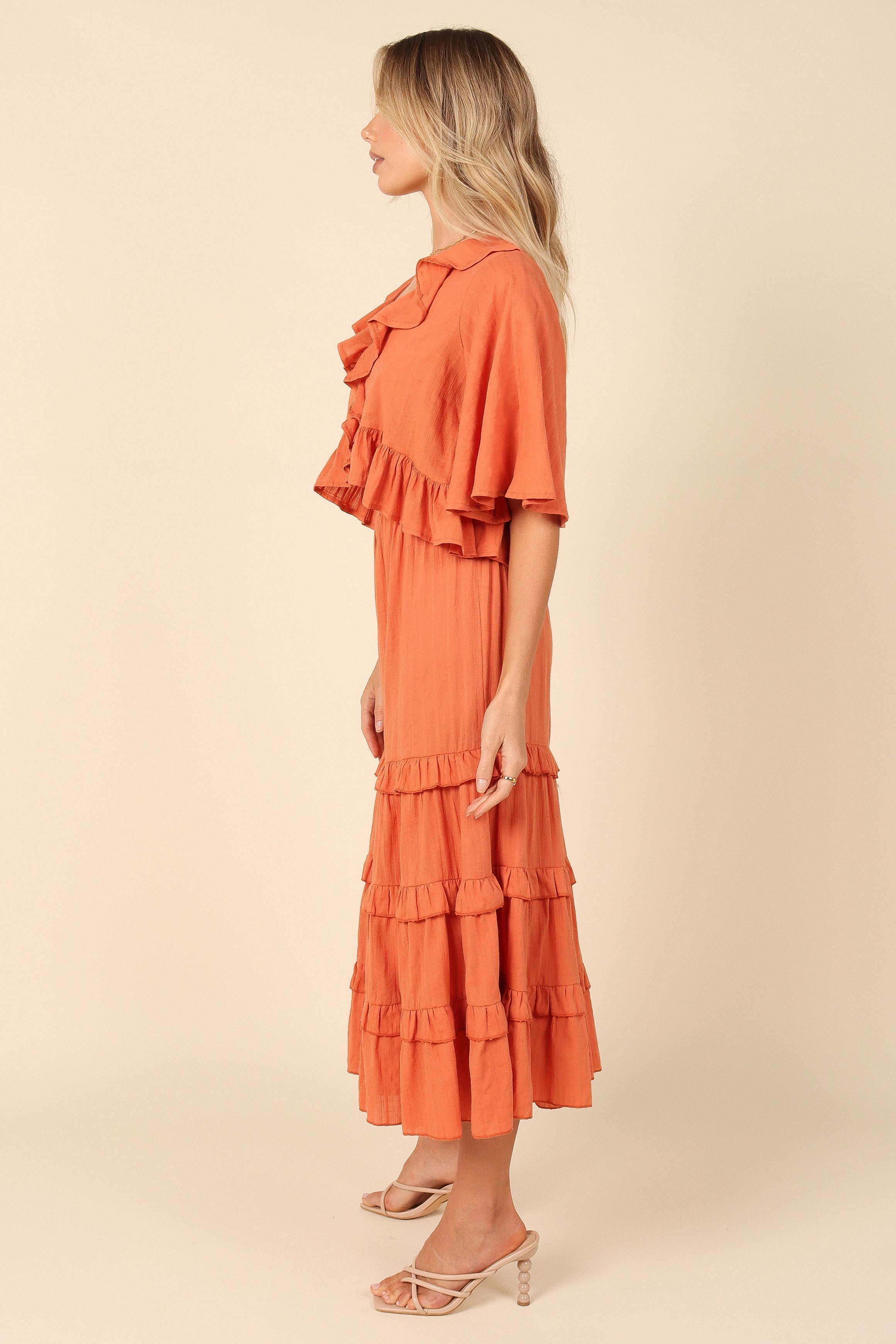 Sheridan Cotton Cropped Ruffle Top - Rust V-Neck Blouse