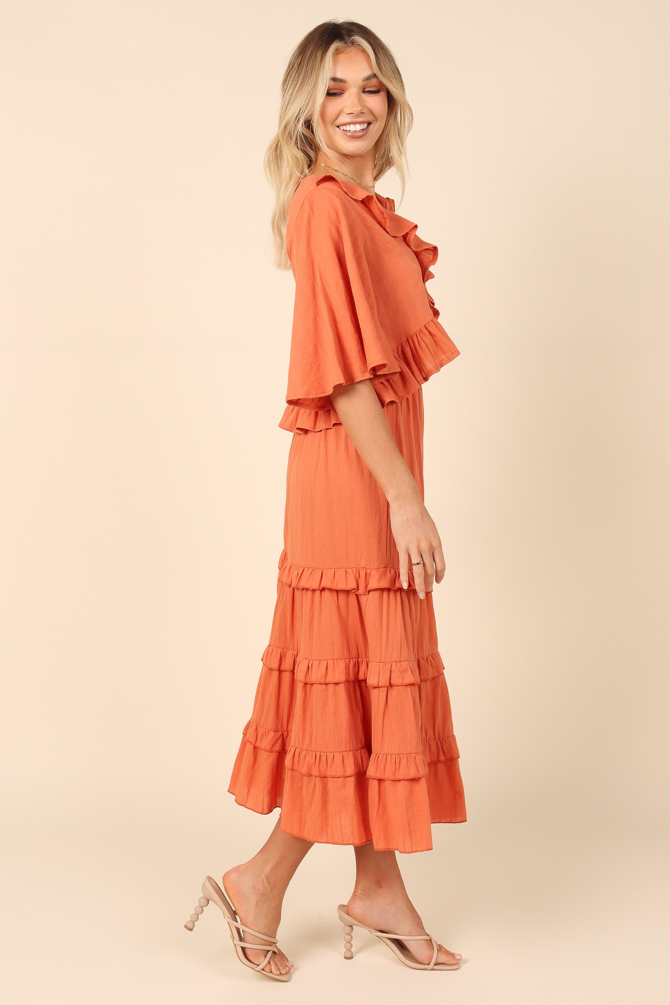 Sheridan Cotton Cropped Ruffle Top - Rust V-Neck Blouse