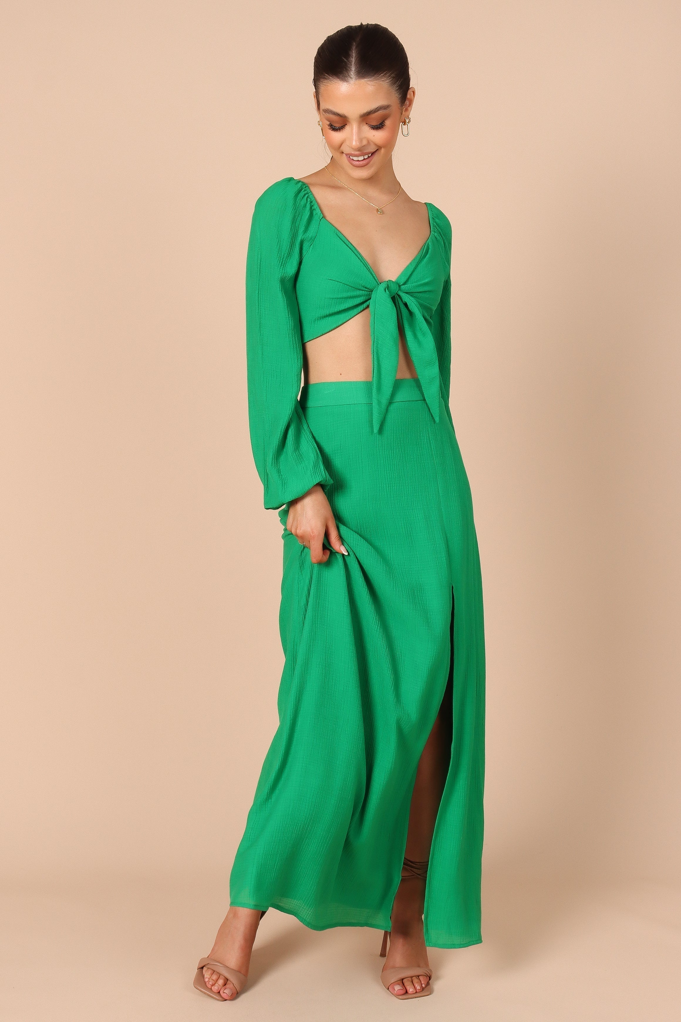 Claudia Green V-Neck Wrap Top & Maxi Skirt Two-Piece Set