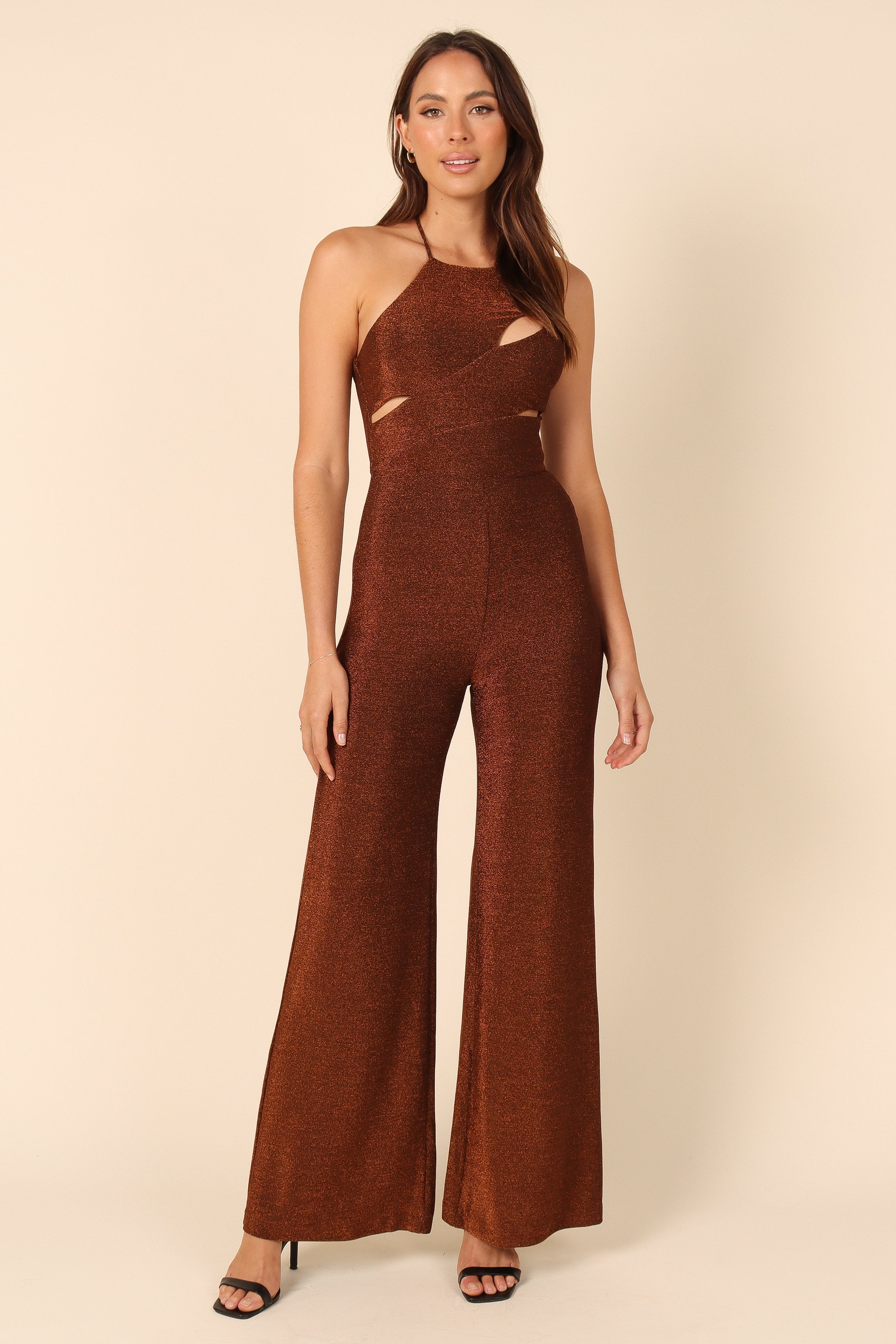 Danica Halter Neck Jumpsuit in Copper - Wide Leg & Cut Out Detail