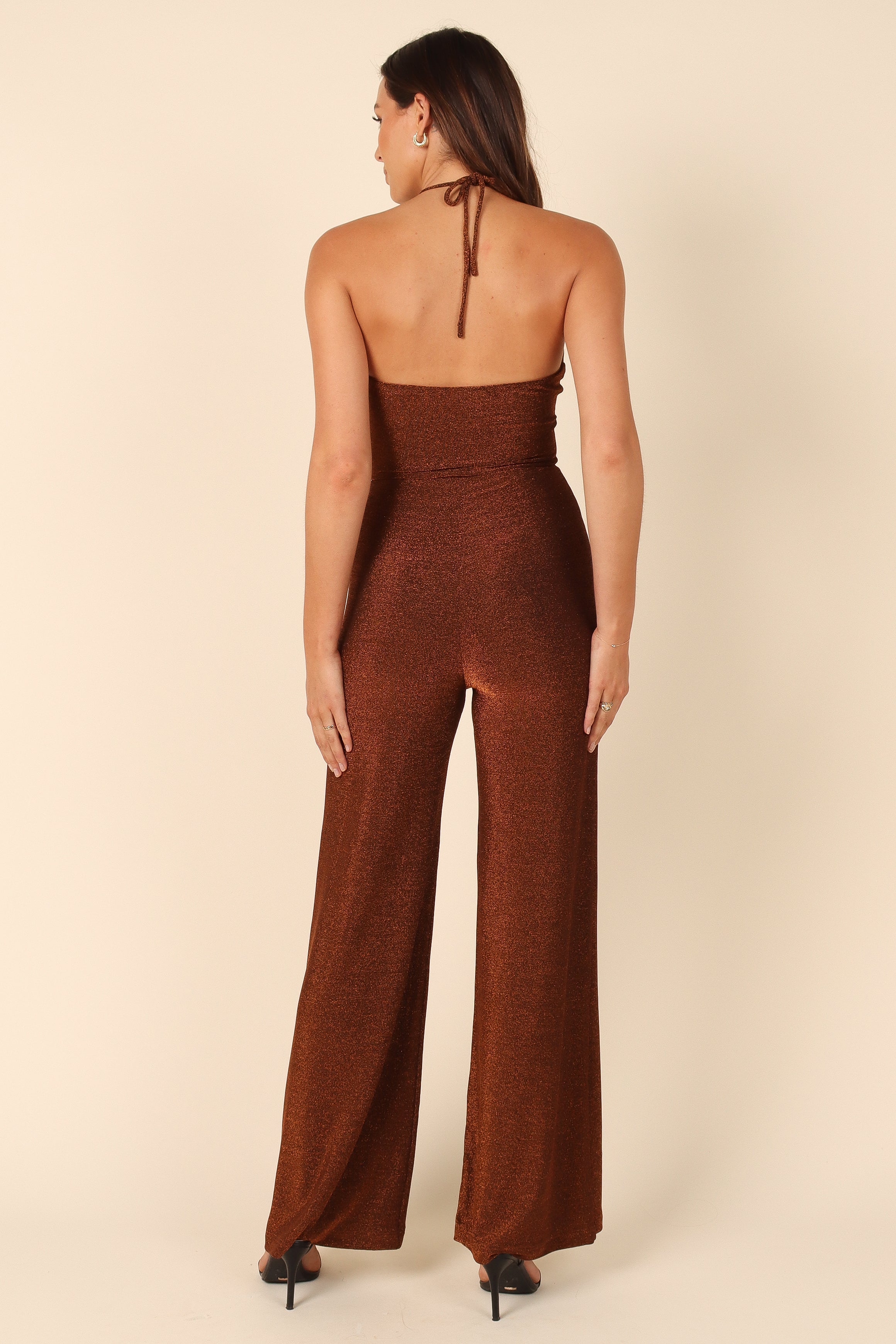 Danica Halter Neck Jumpsuit in Copper - Wide Leg & Cut Out Detail