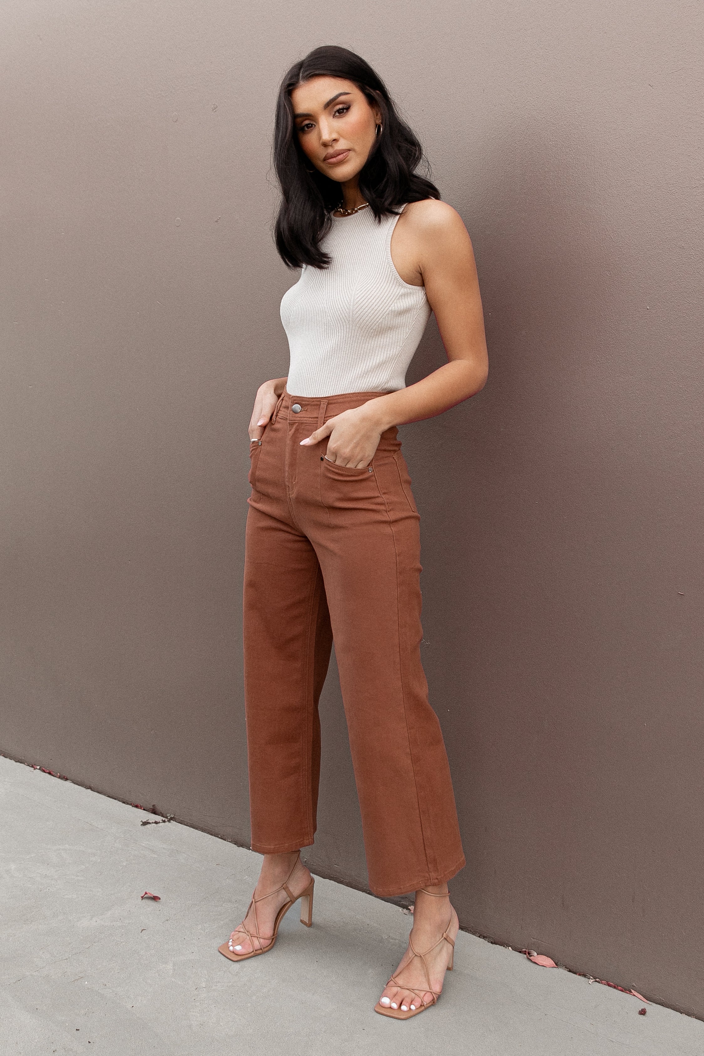 Georgette High Waist Straight Leg Pants - Brown Cotton Blend