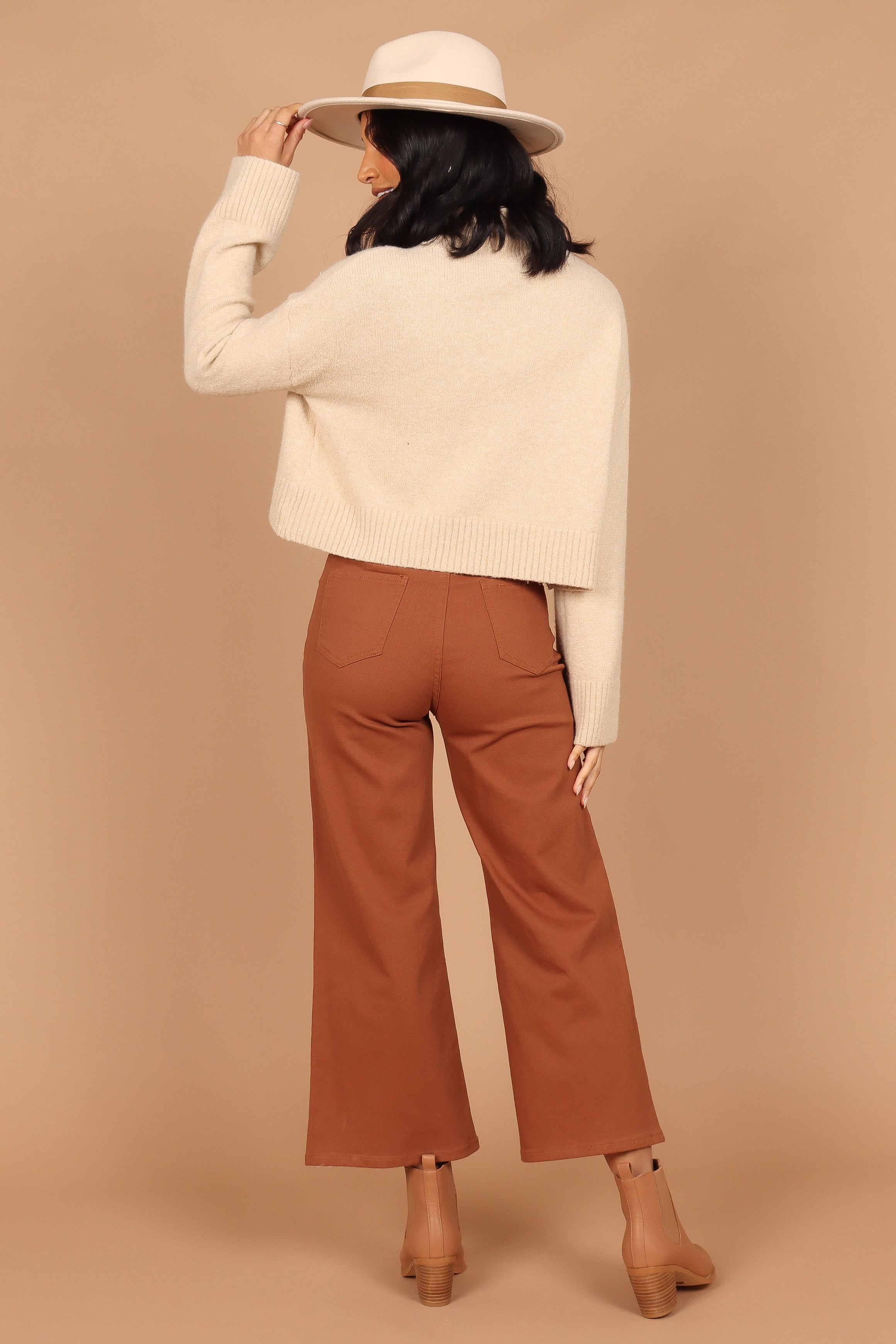 Georgette High Waist Straight Leg Pants - Brown Cotton Blend