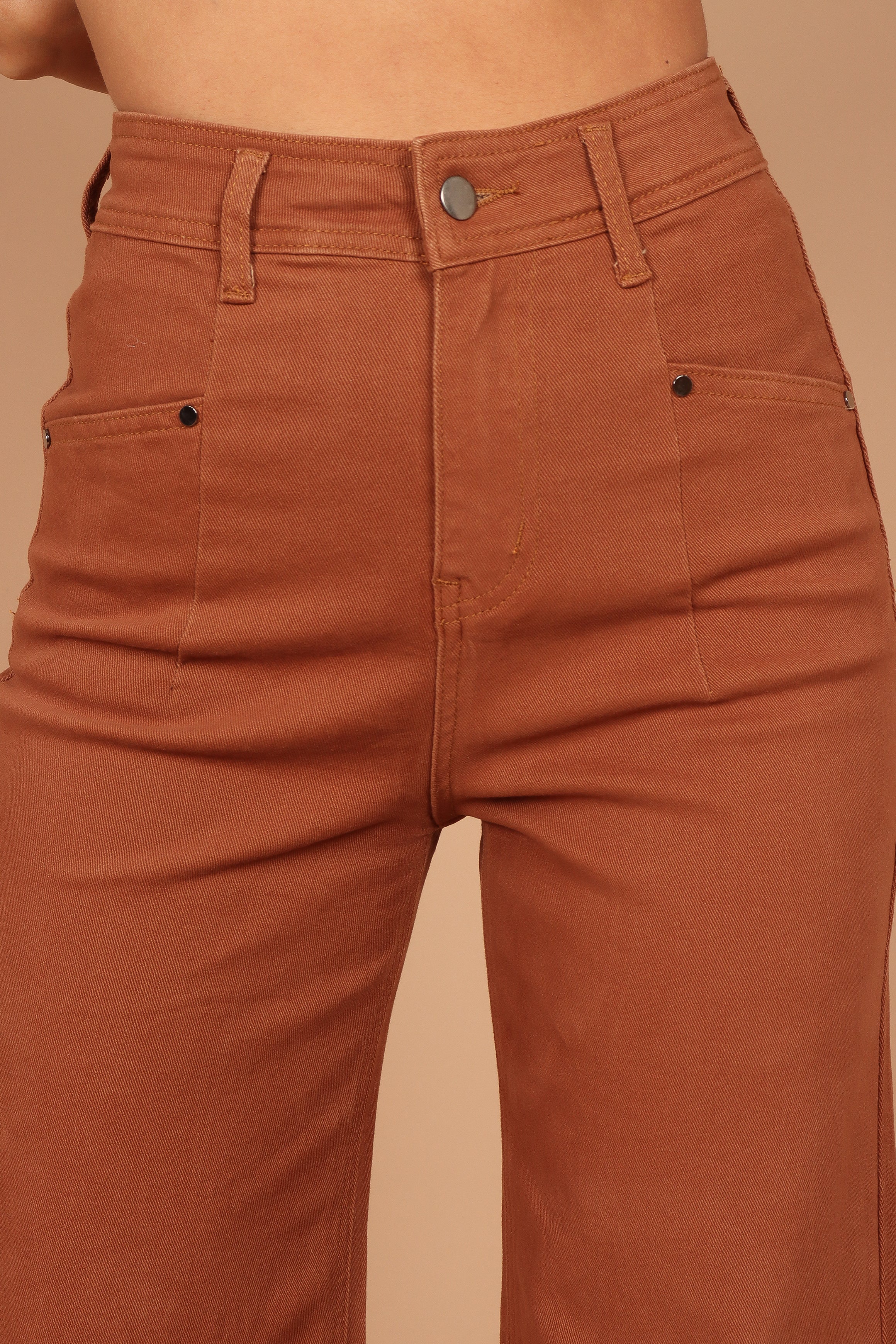 Georgette High Waist Straight Leg Pants - Brown Cotton Blend