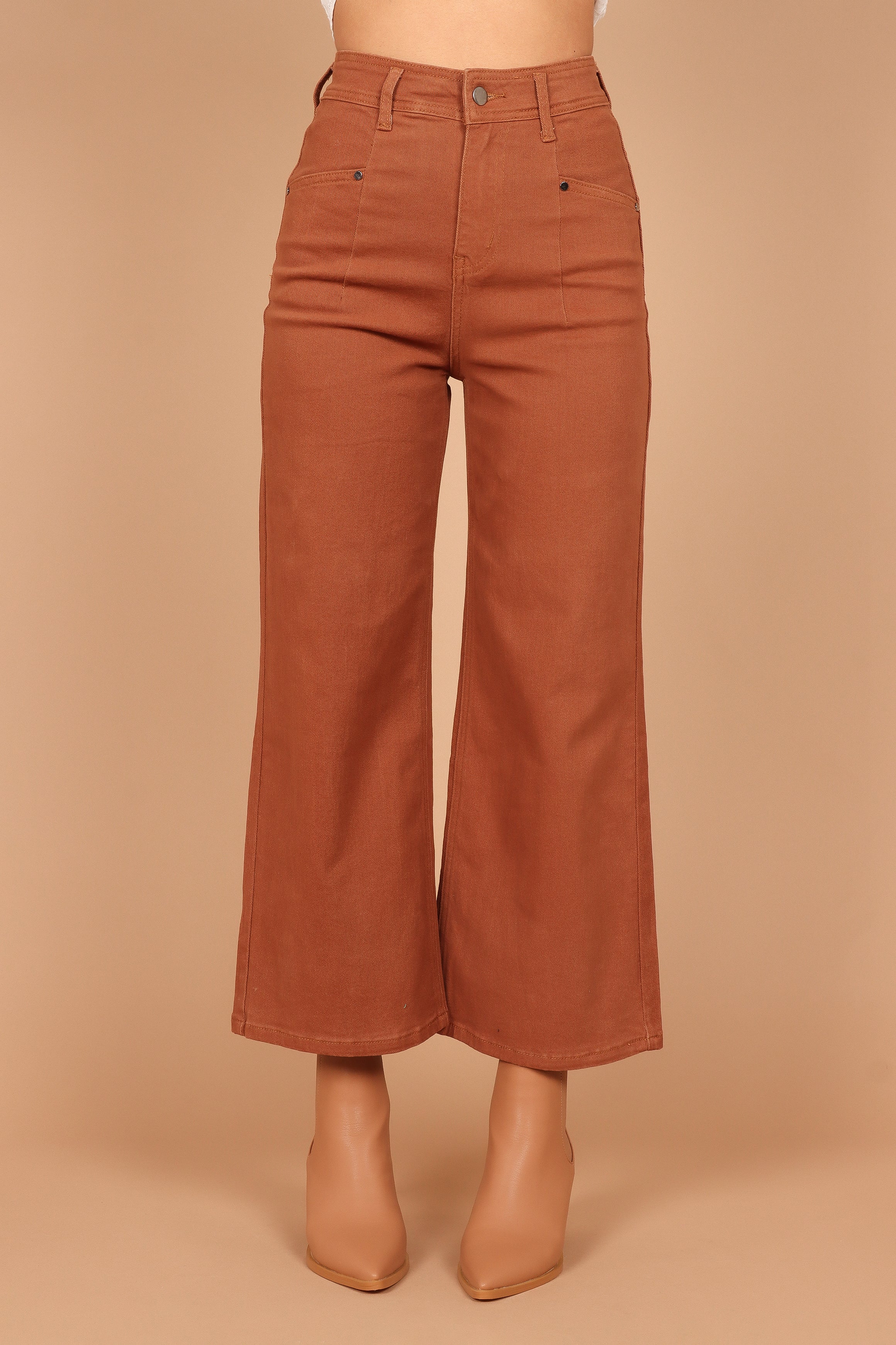 Georgette High Waist Straight Leg Pants - Brown Cotton Blend