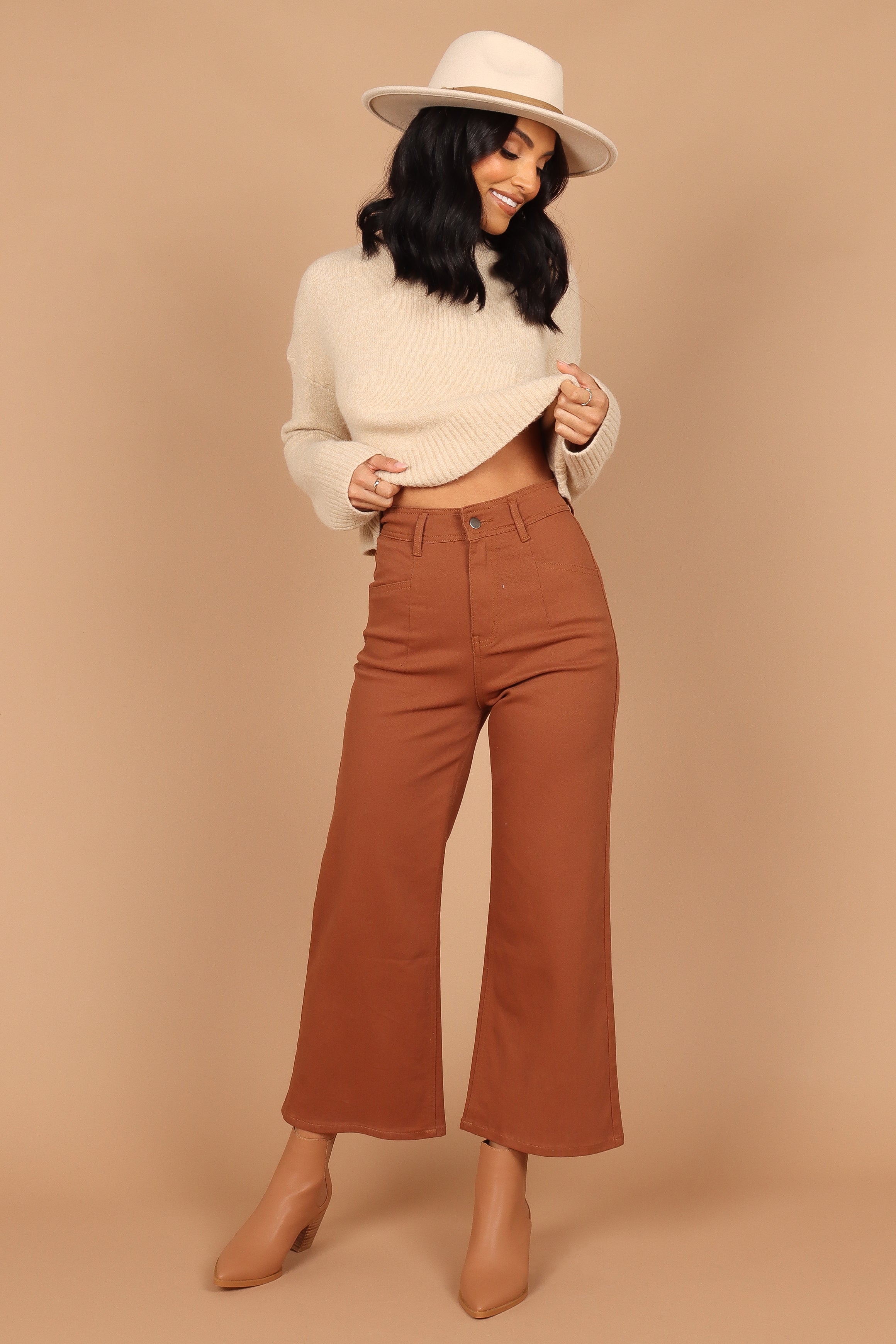Georgette High Waist Straight Leg Pants - Brown Cotton Blend