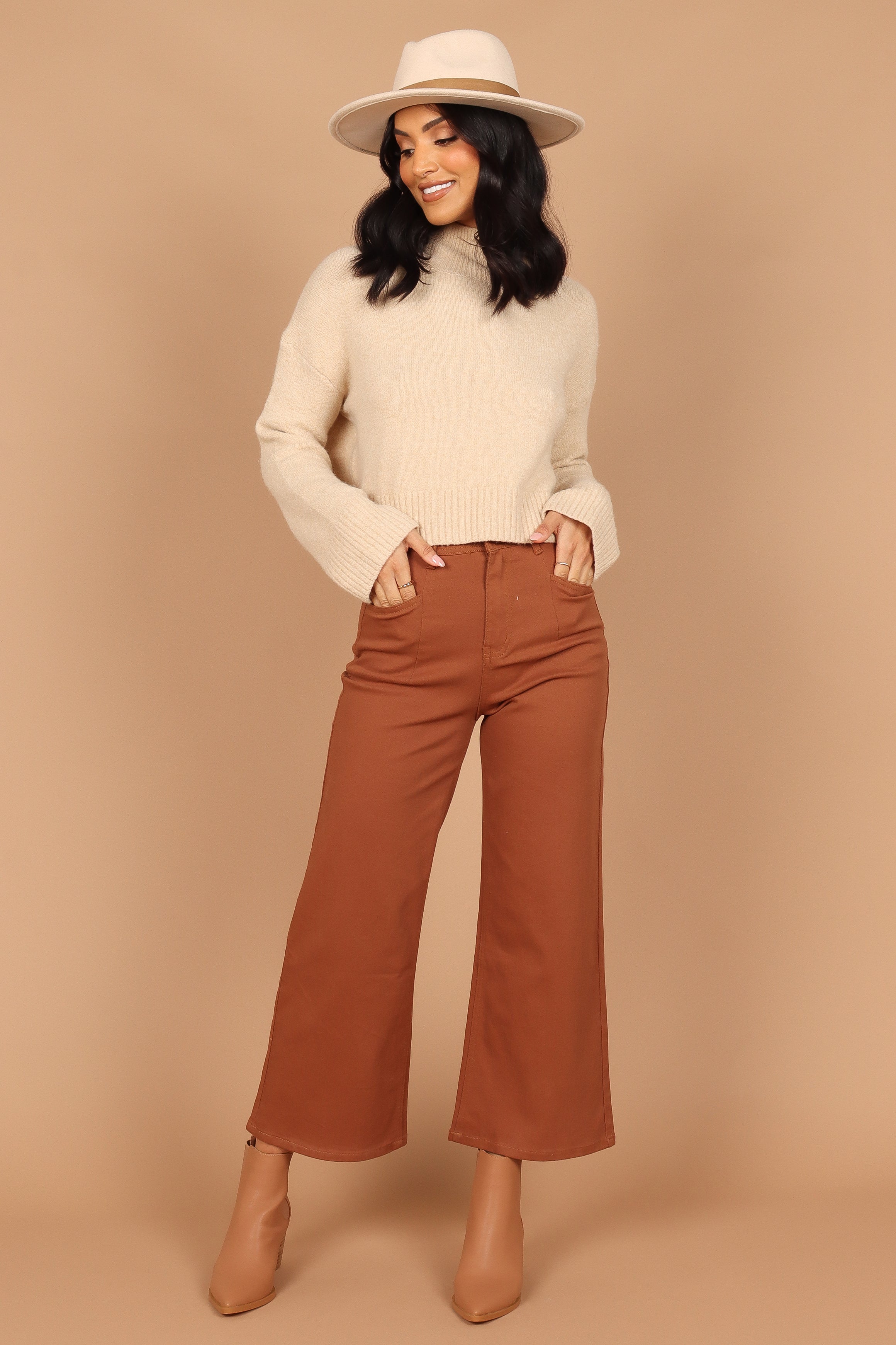 Georgette High Waist Straight Leg Pants - Brown Cotton Blend