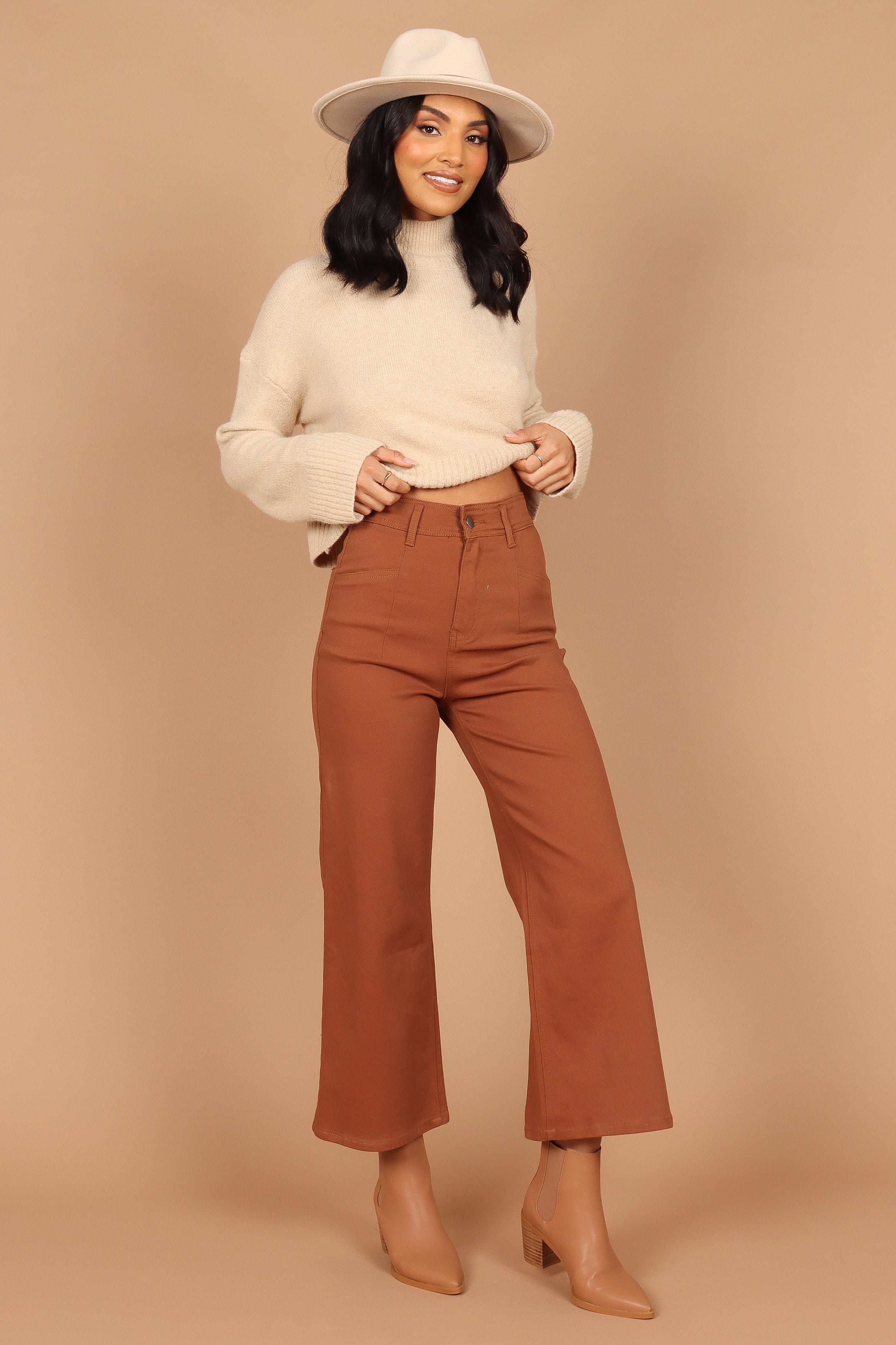 Georgette High Waist Straight Leg Pants - Brown Cotton Blend