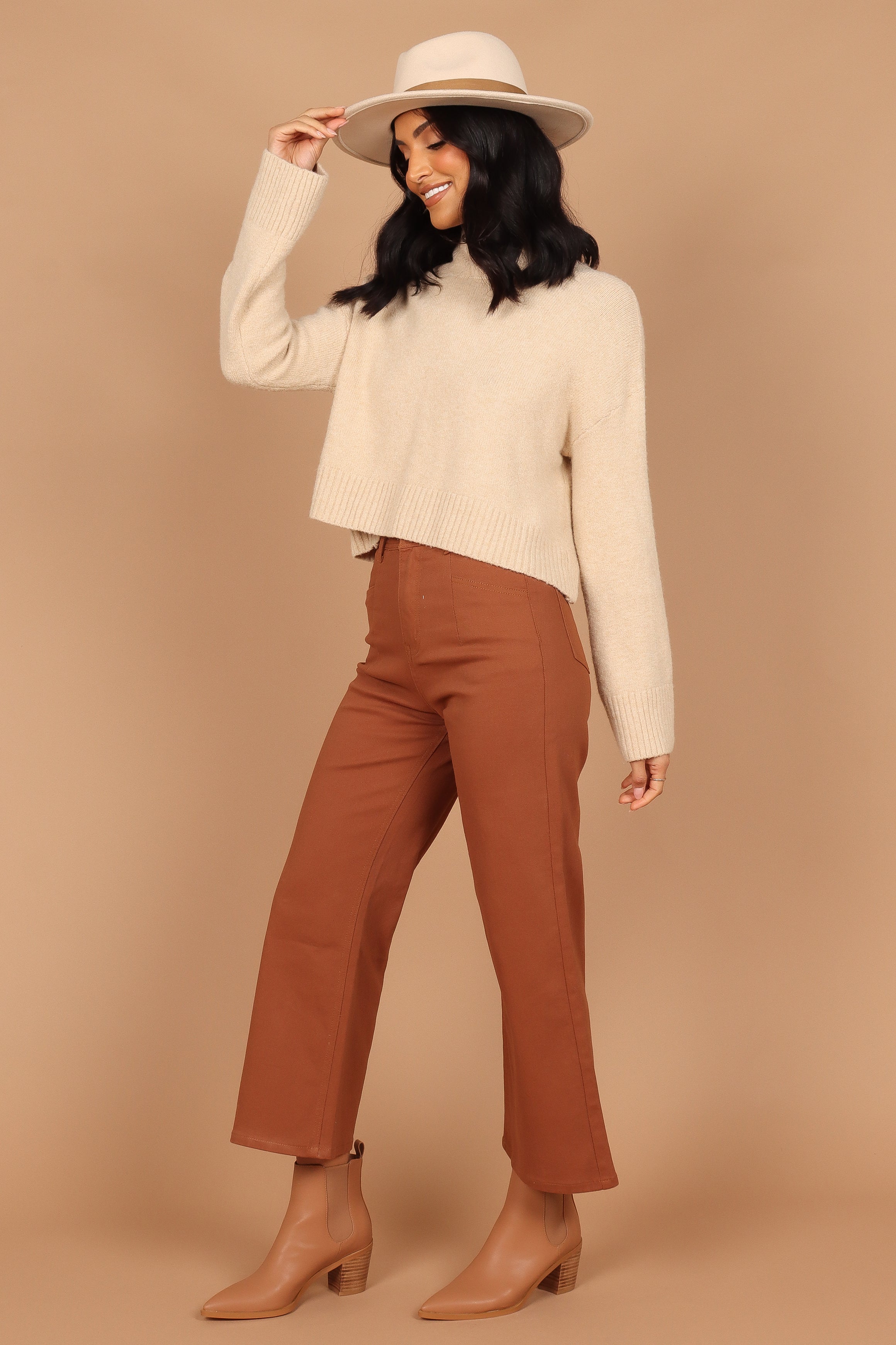 Georgette High Waist Straight Leg Pants - Brown Cotton Blend