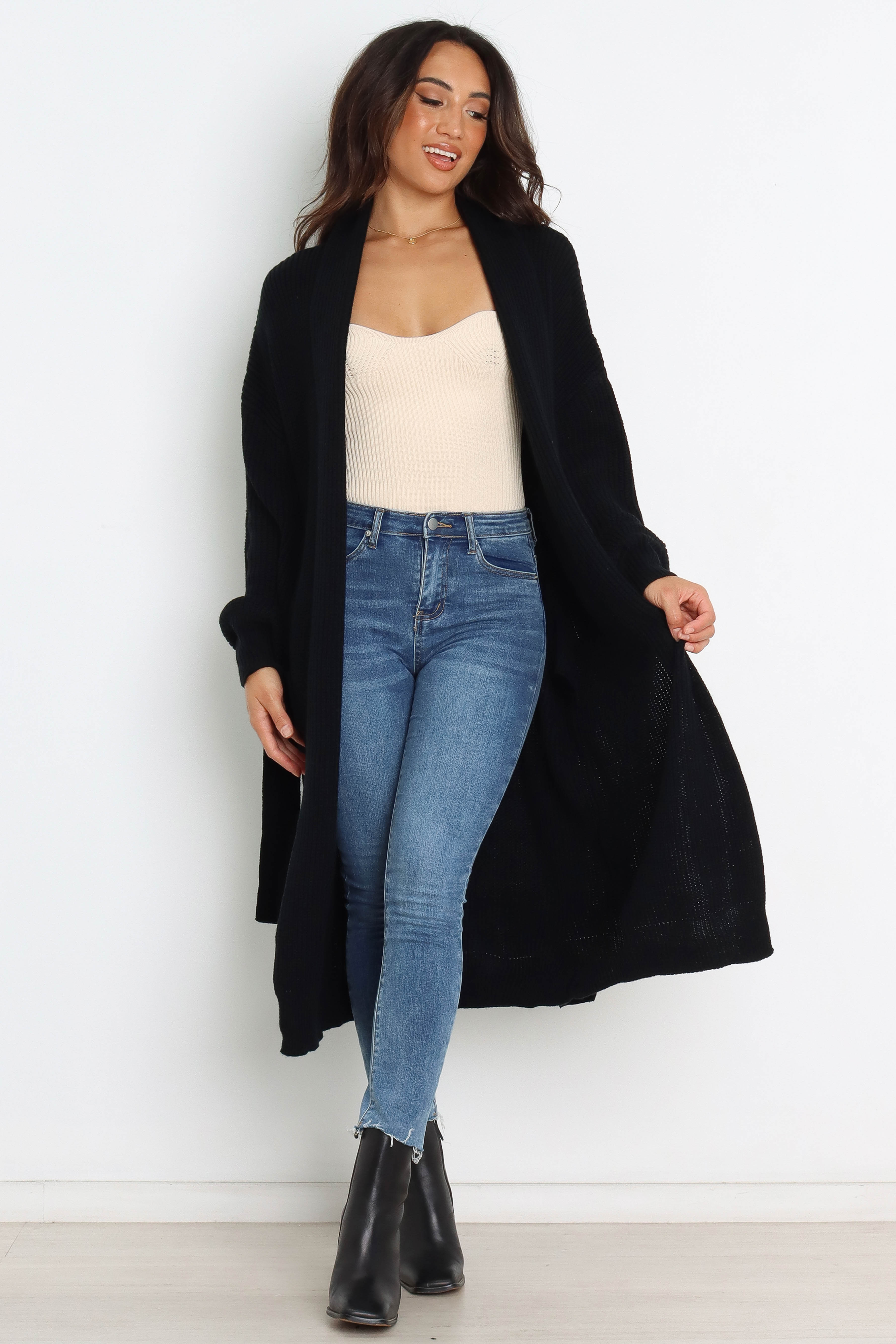 Black Lorrie Open Front Cardigan with Belt Loops & Pockets