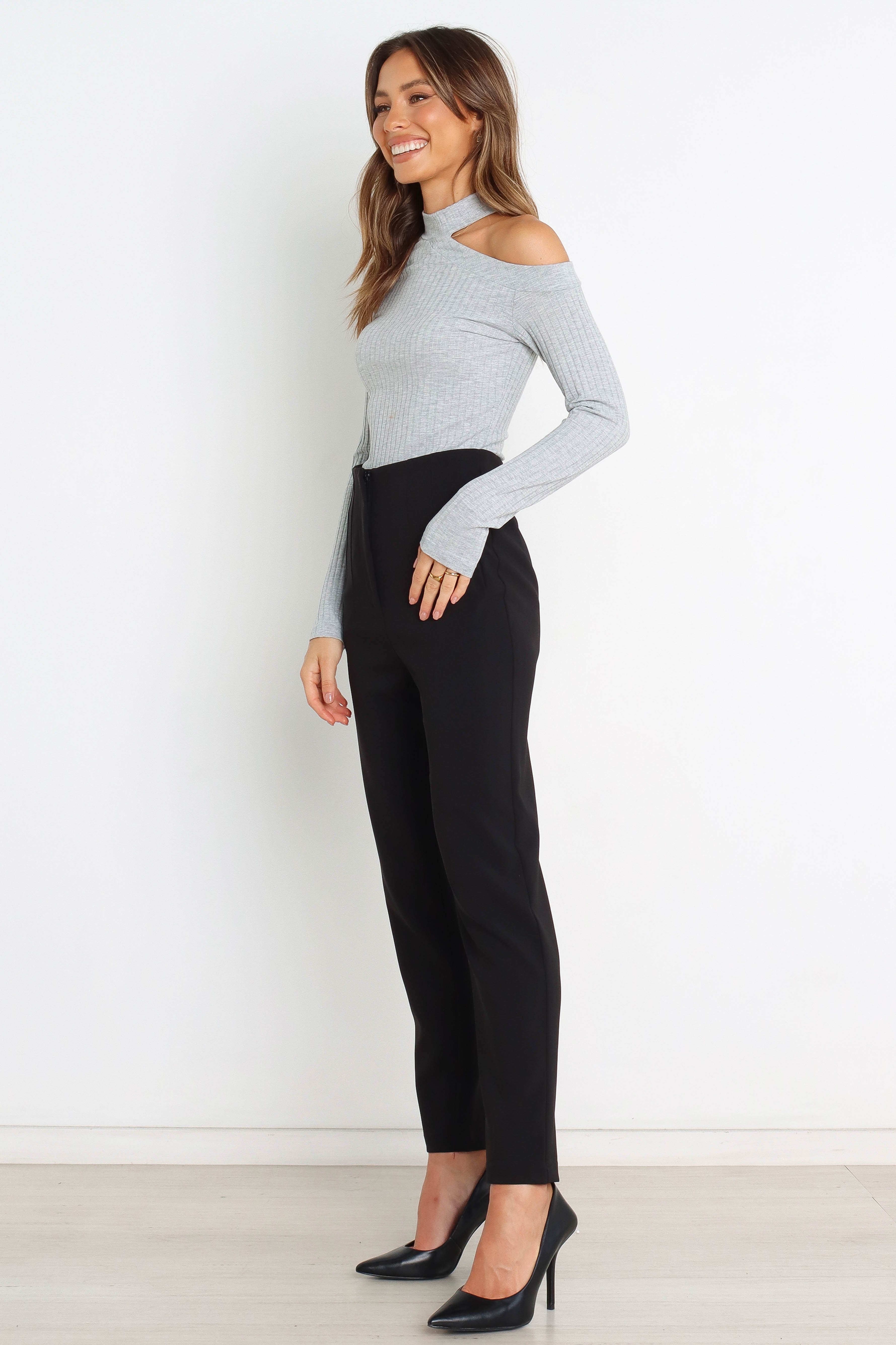 Grey Ribbed Off Shoulder Long Sleeve Top