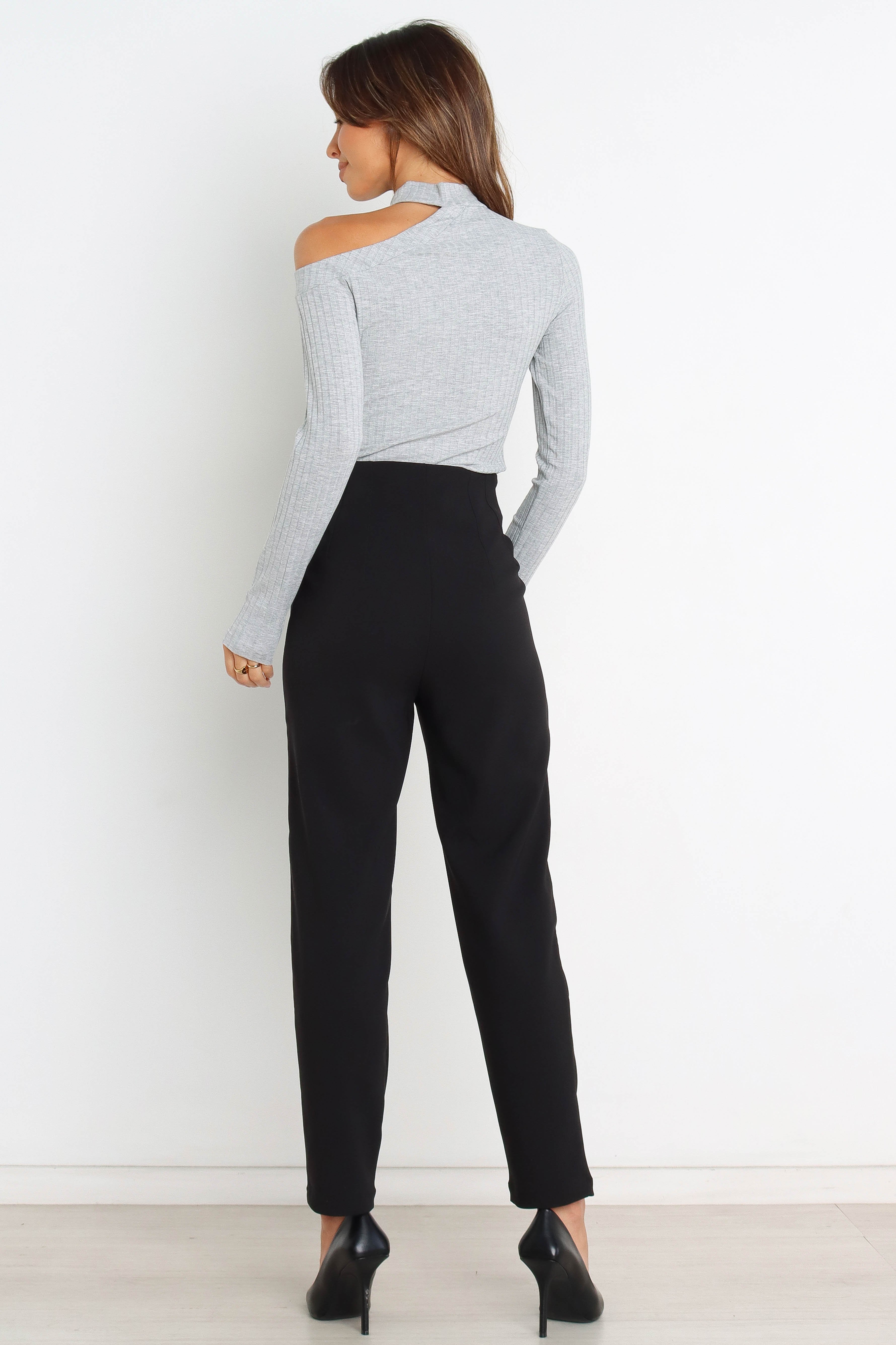Grey Ribbed Off Shoulder Long Sleeve Top