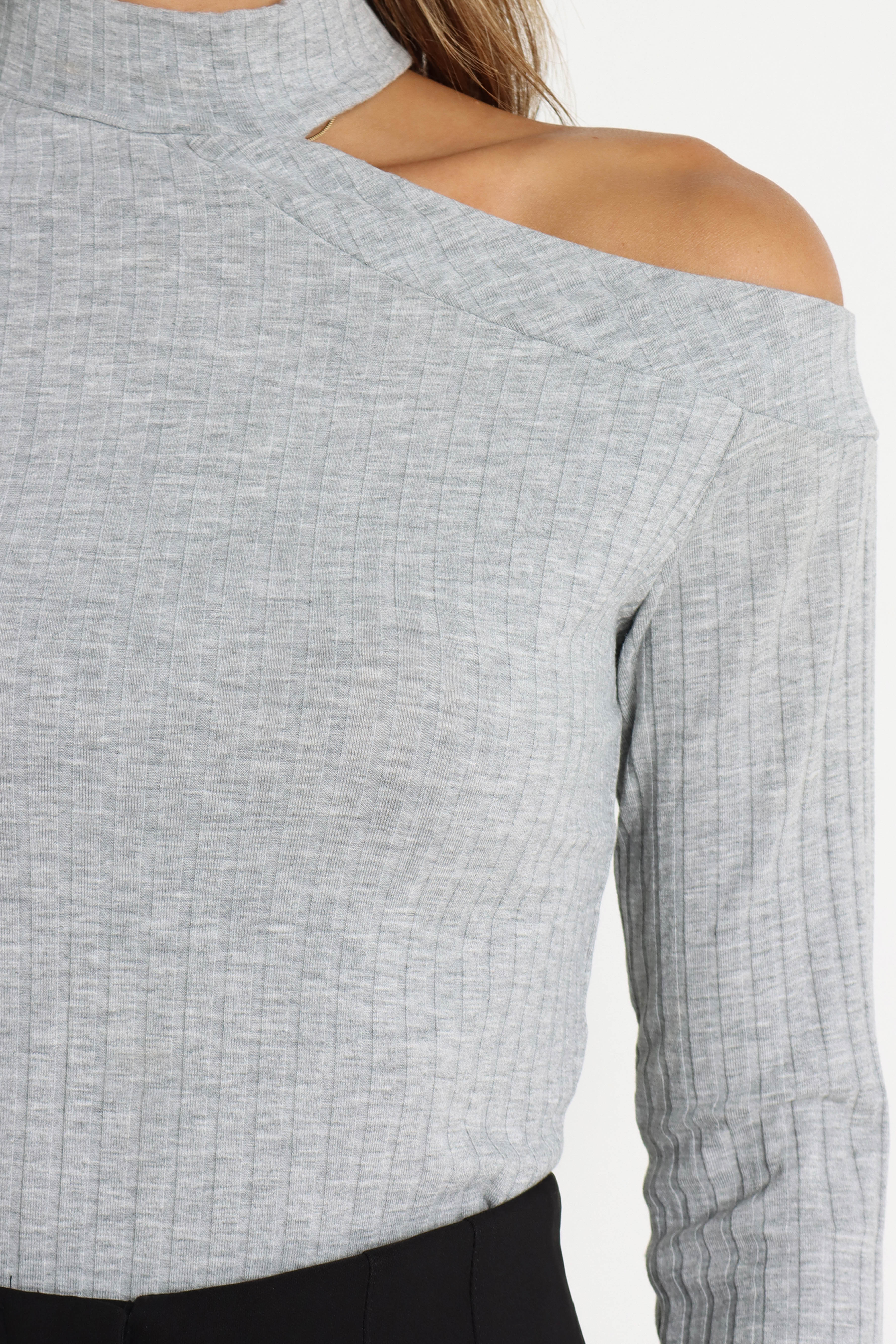Grey Ribbed Off Shoulder Long Sleeve Top