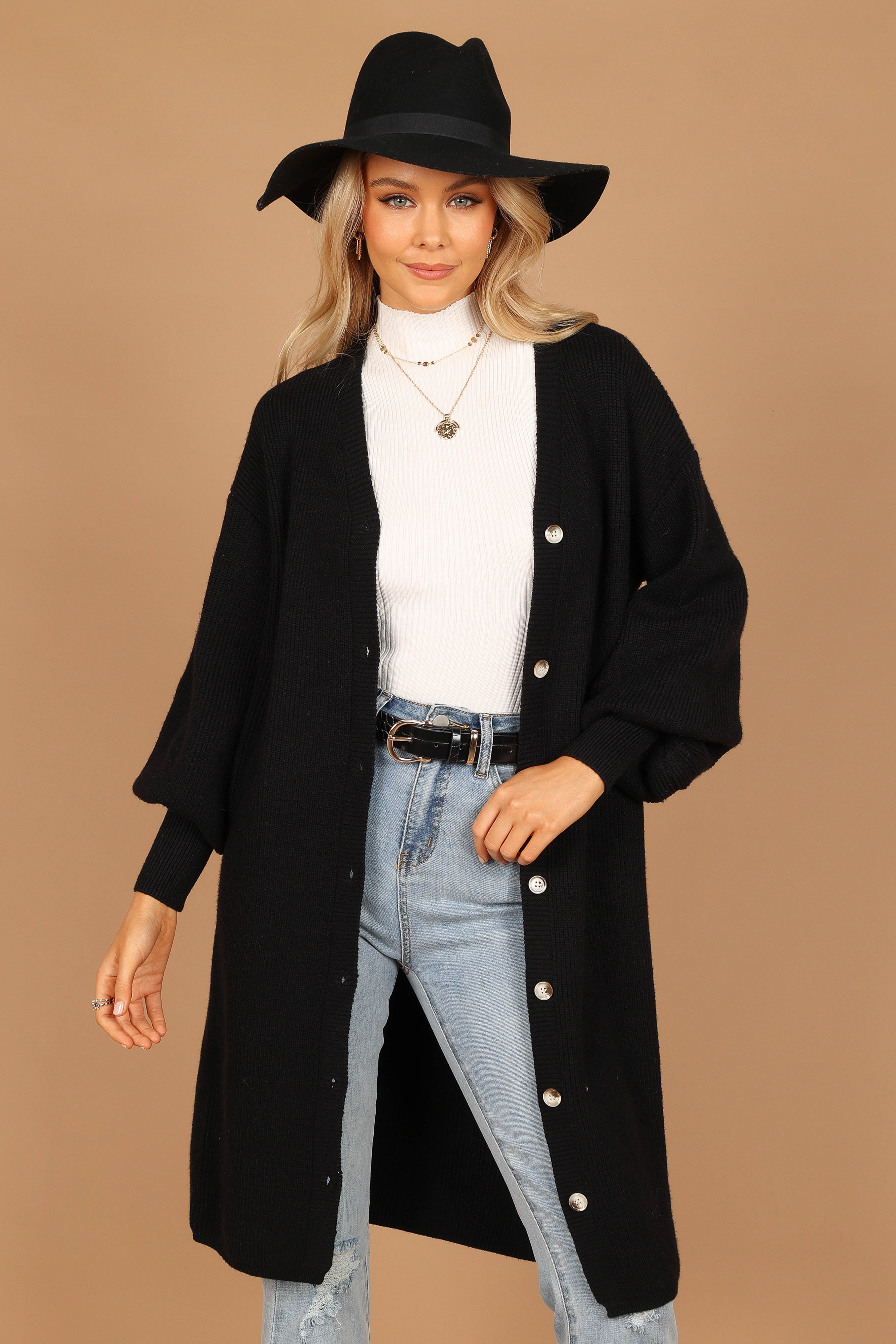Comara Black Long Sleeve Cardigan with Ribbed Cuffs