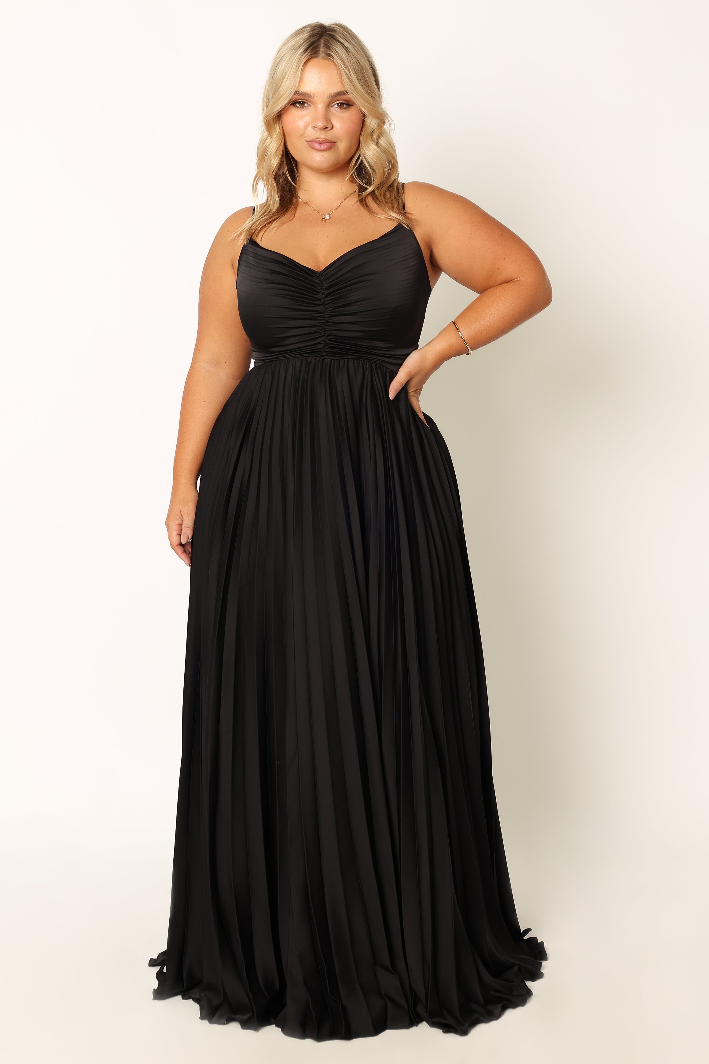 Elegant Pleated Satin Maxi Dress with V Neckline - Black