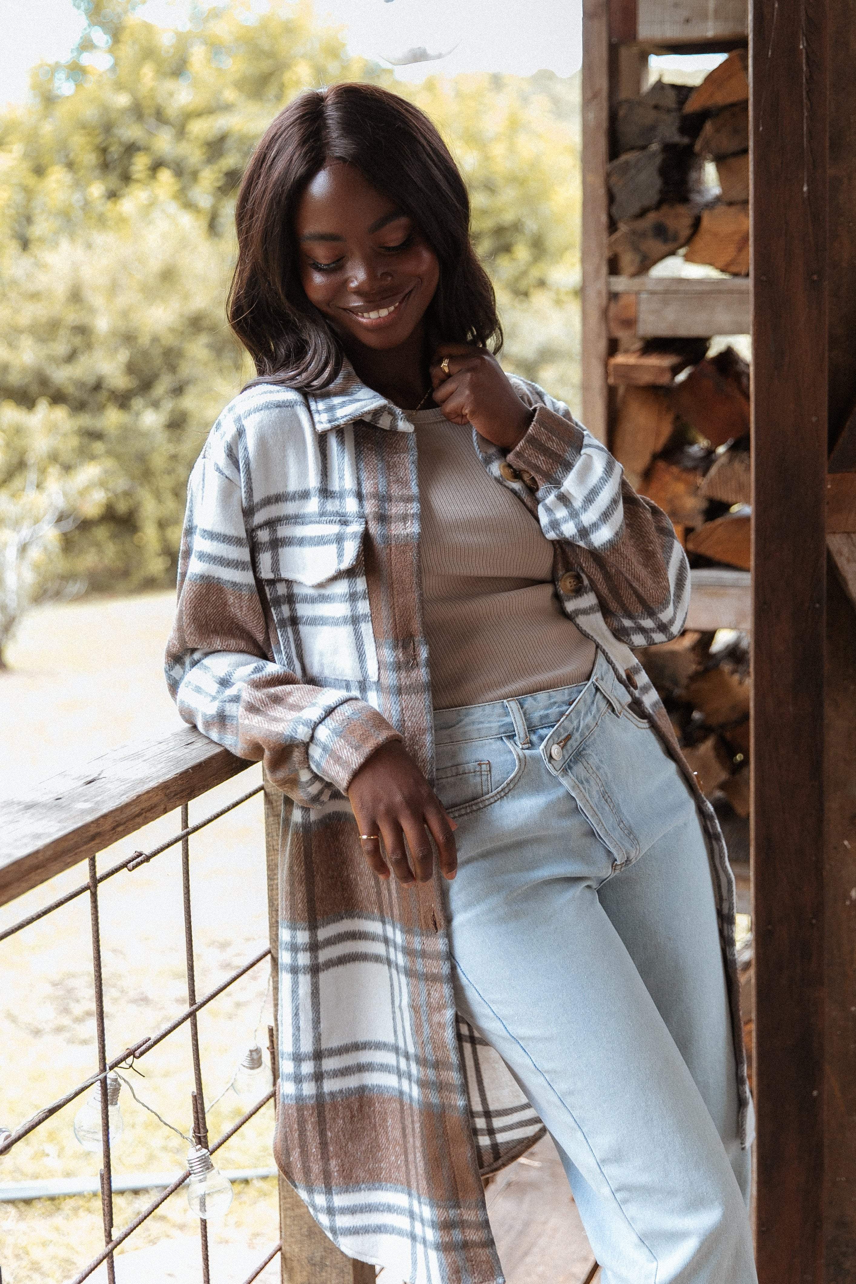 Brown Check Flannel Shacket with Collar & Front Pockets – Dion