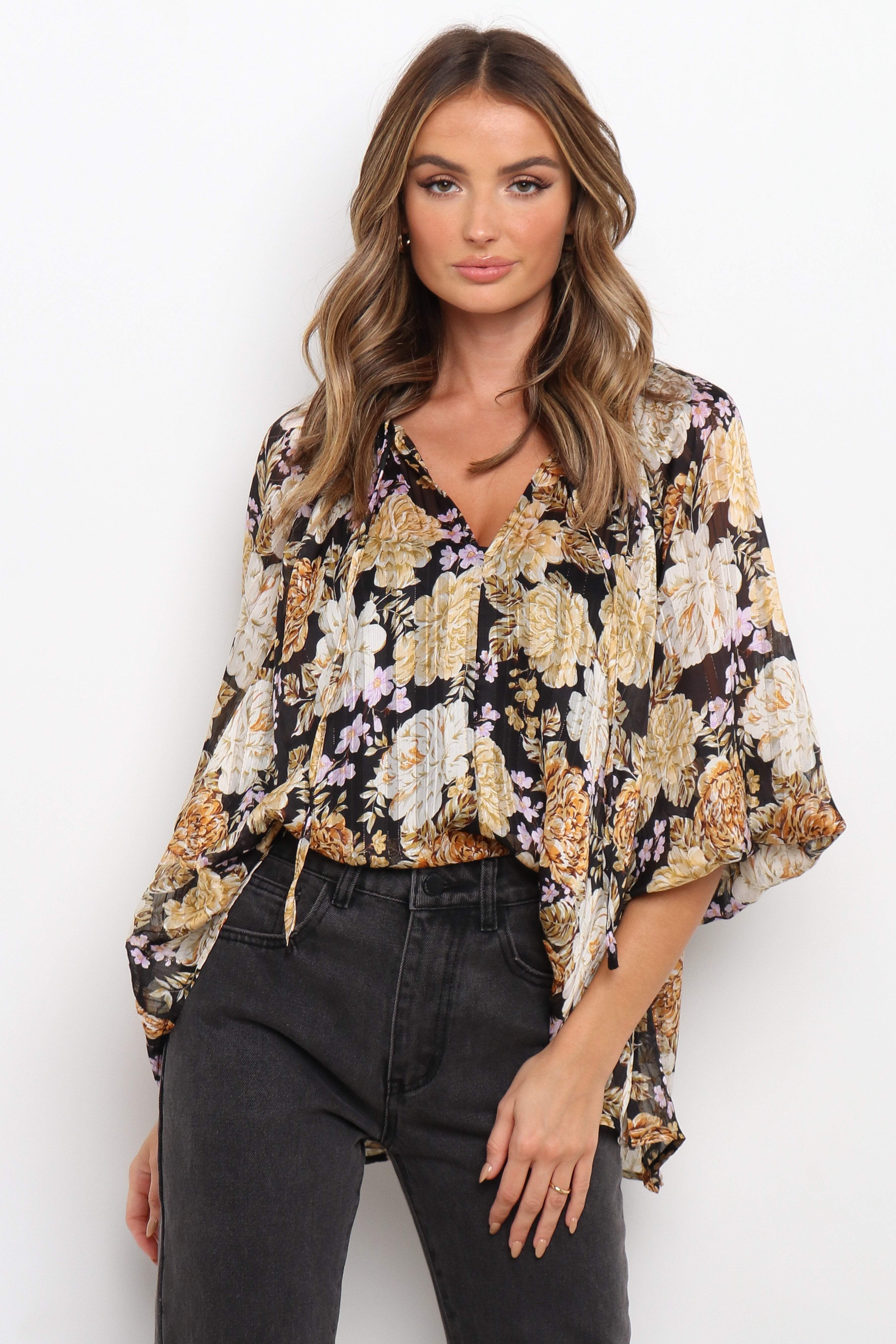 Amarta Floral V-Neck Blouse with Tie Detail - Black Oversized Top