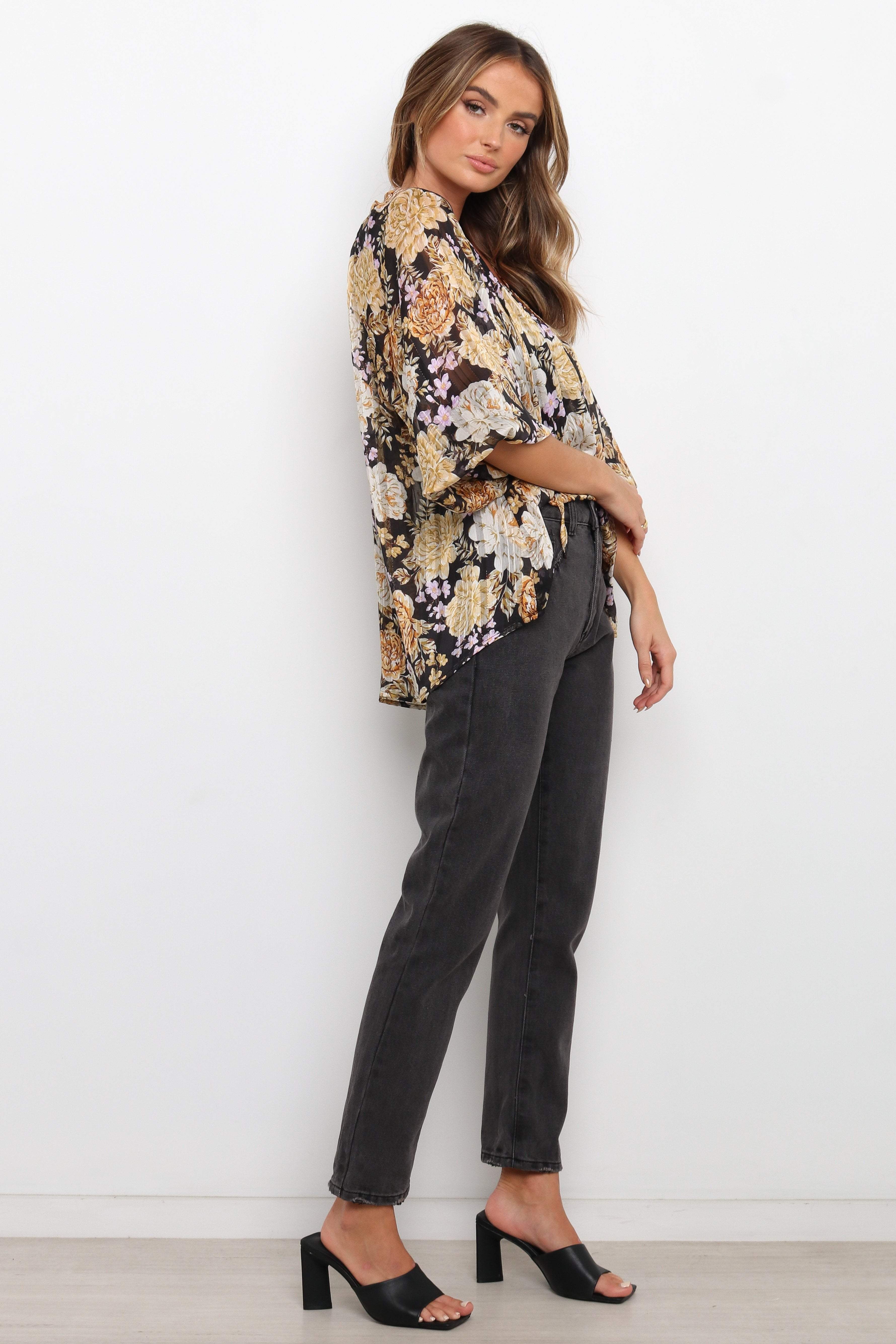 Amarta Floral V-Neck Blouse with Tie Detail - Black Oversized Top