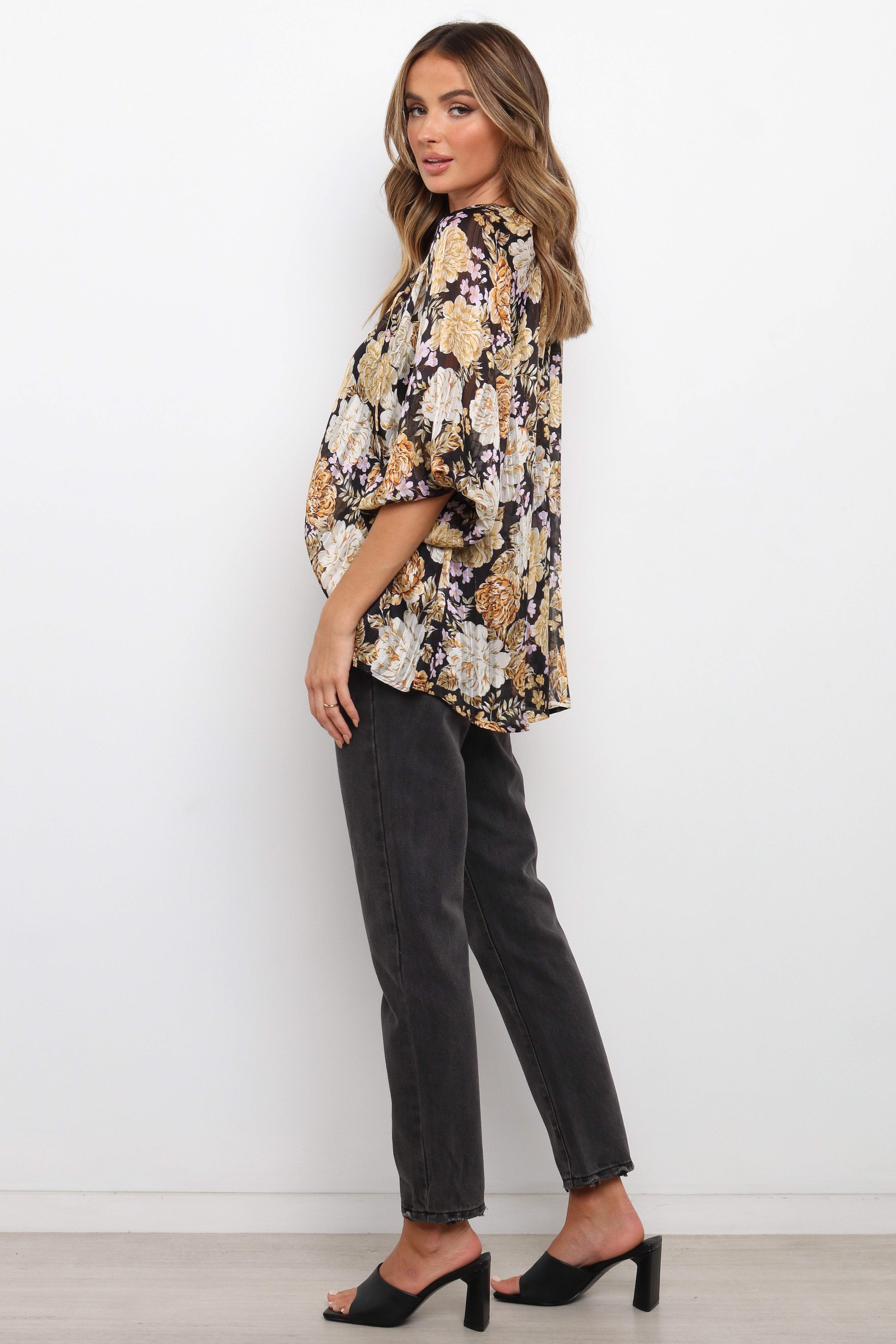 Amarta Floral V-Neck Blouse with Tie Detail - Black Oversized Top