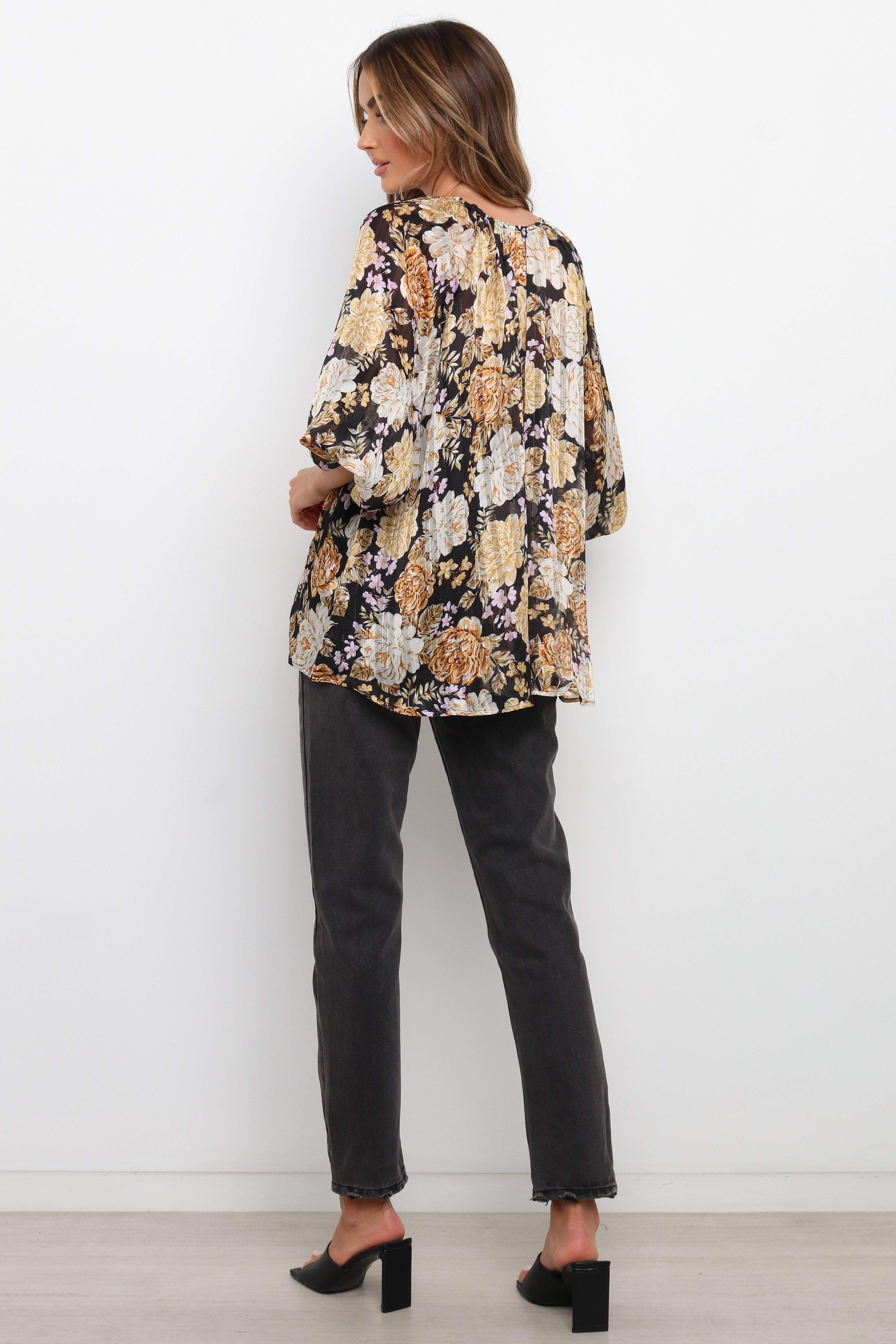 Amarta Floral V-Neck Blouse with Tie Detail - Black Oversized Top