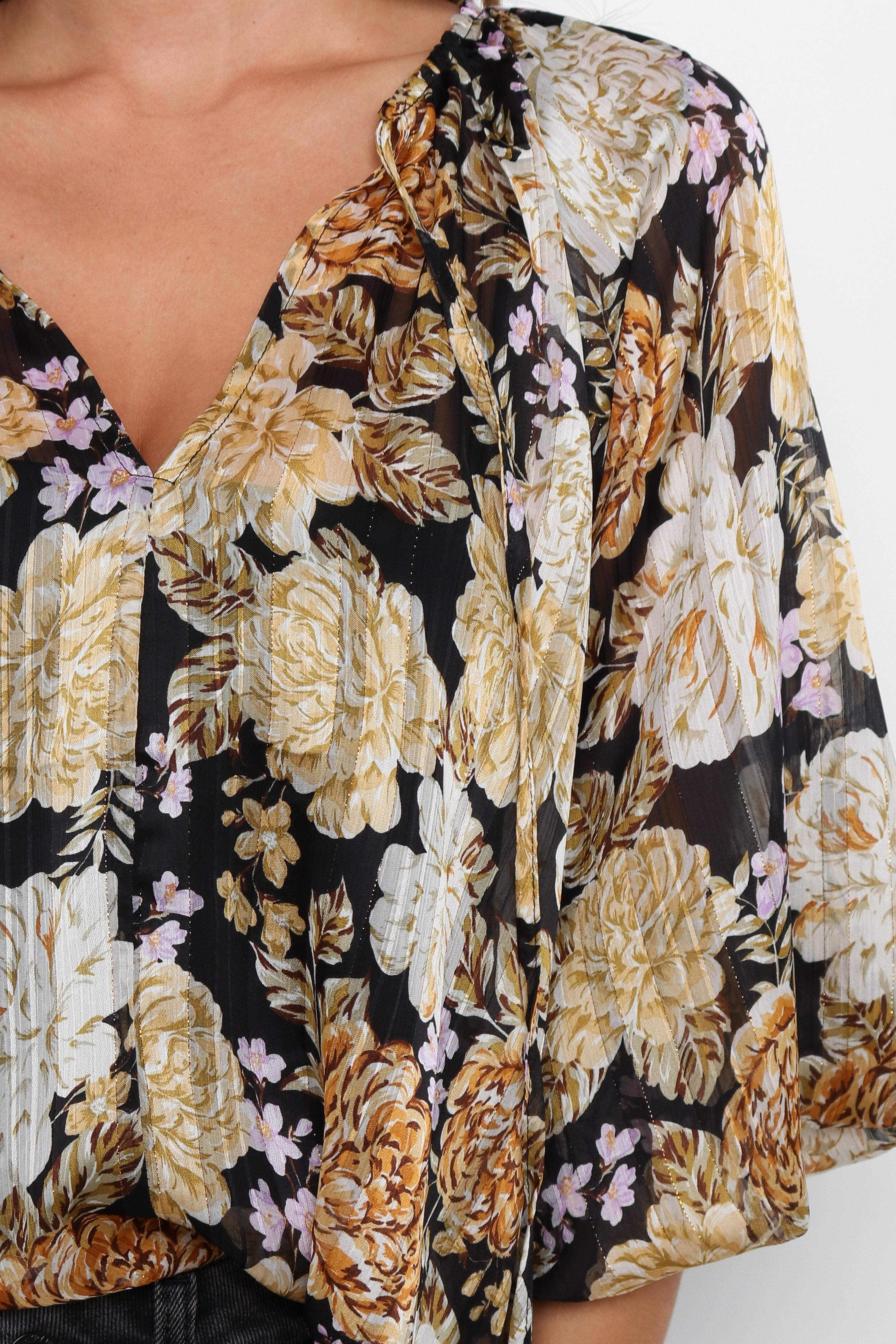 Amarta Floral V-Neck Blouse with Tie Detail - Black Oversized Top