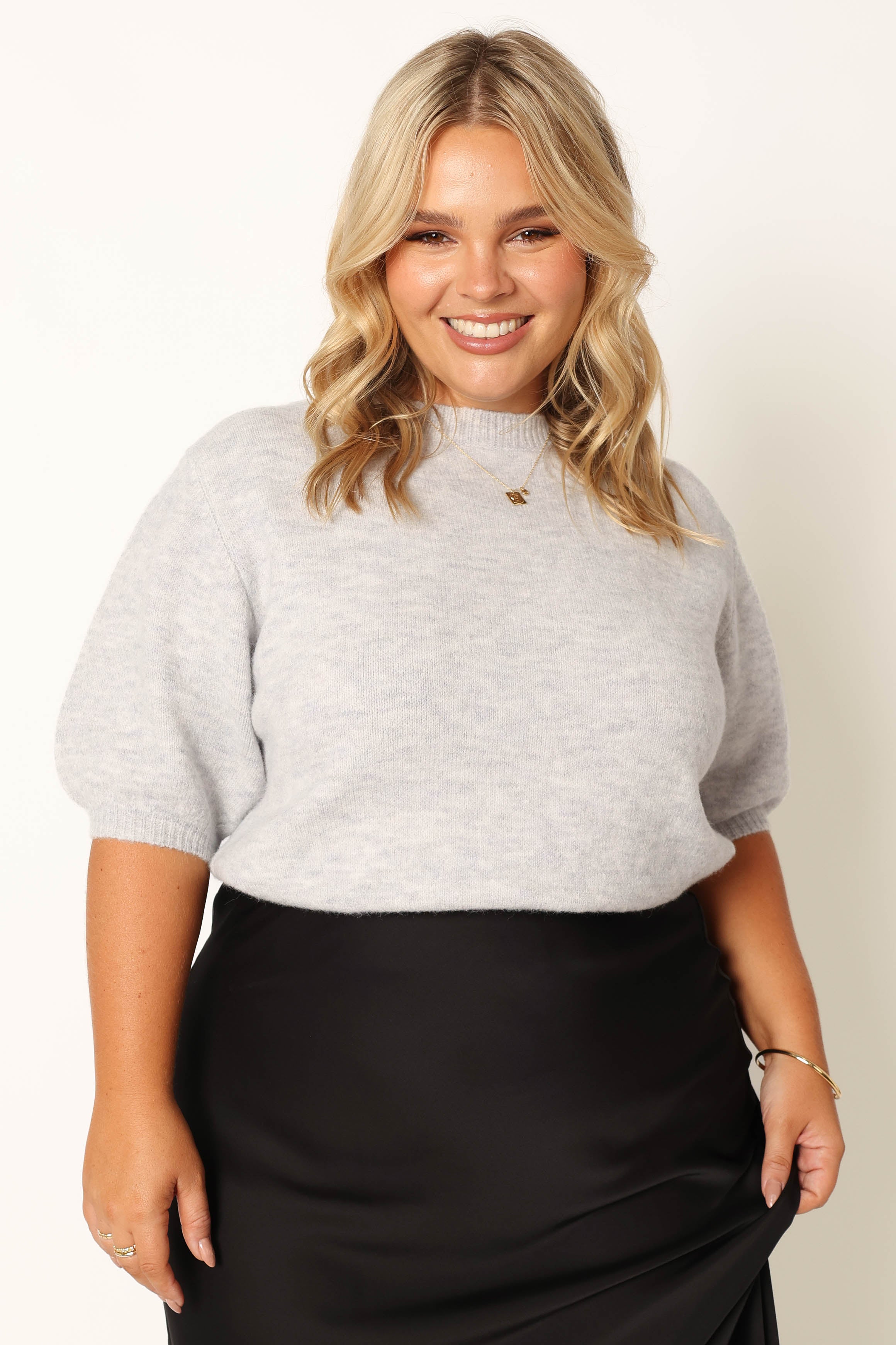 Cropped Knit Sweater with Puff Sleeves - Light Grey Recycled Polyester