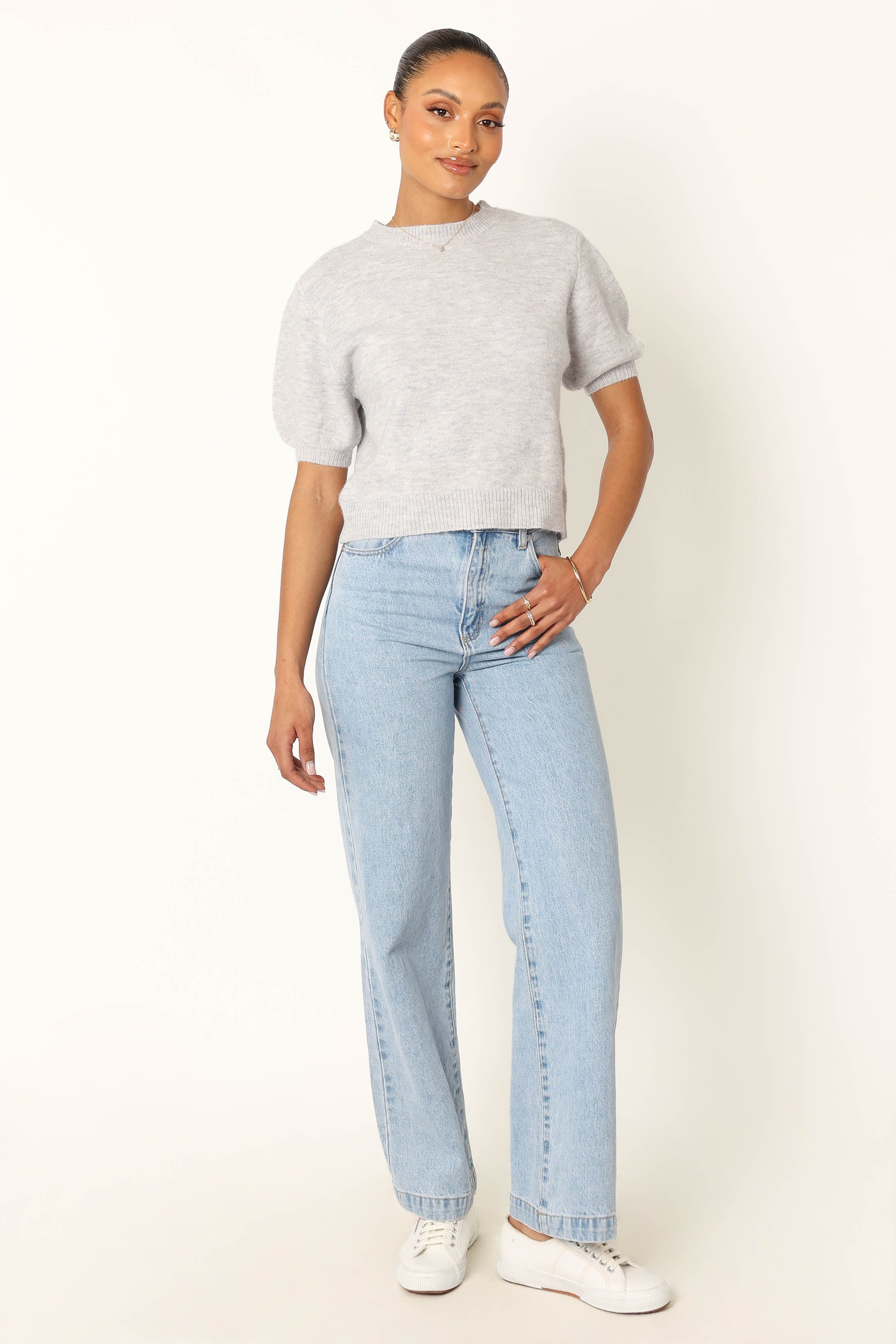 Cropped Knit Sweater with Puff Sleeves - Light Grey Recycled Polyester