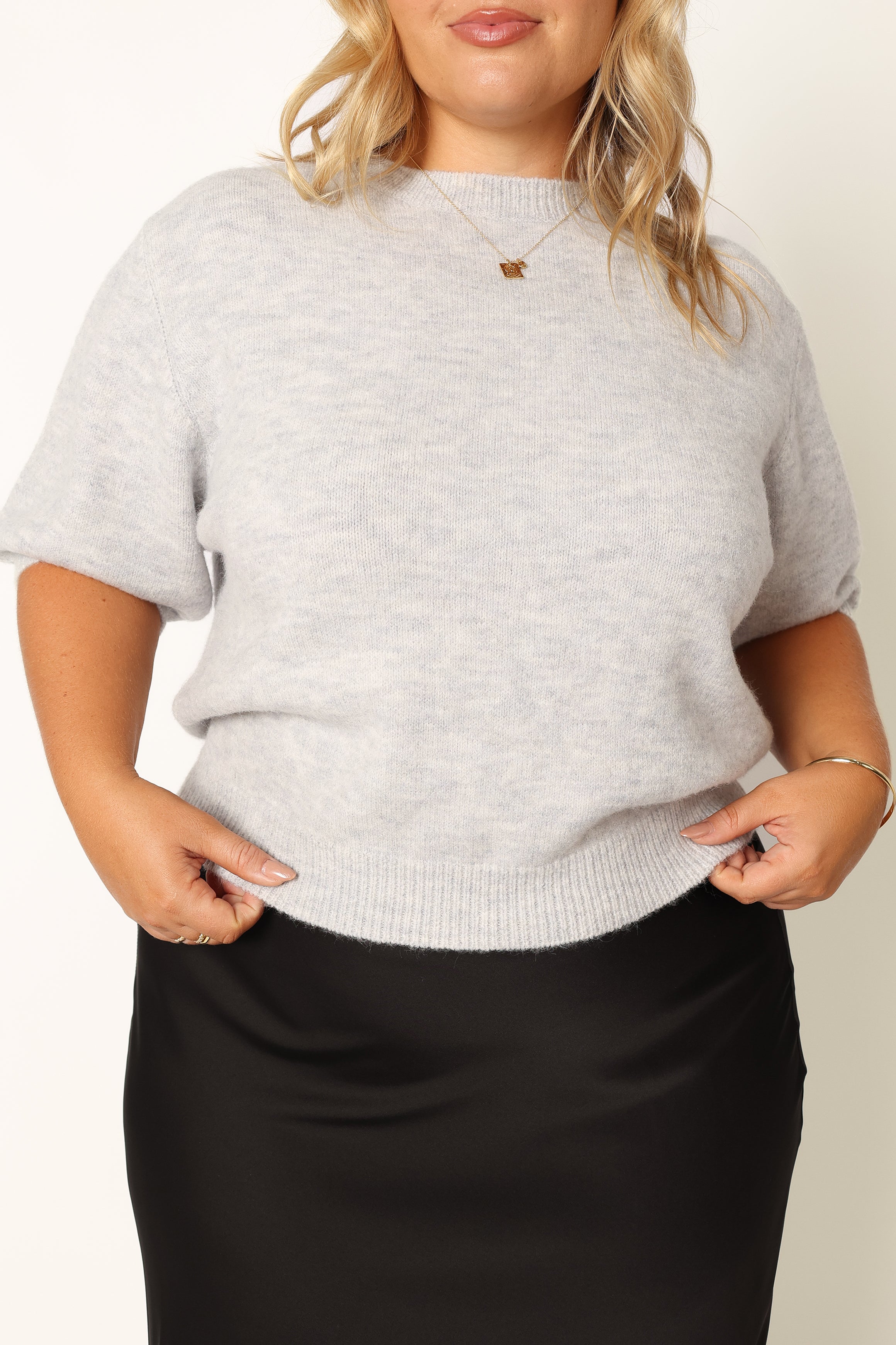Cropped Knit Sweater with Puff Sleeves - Light Grey Recycled Polyester