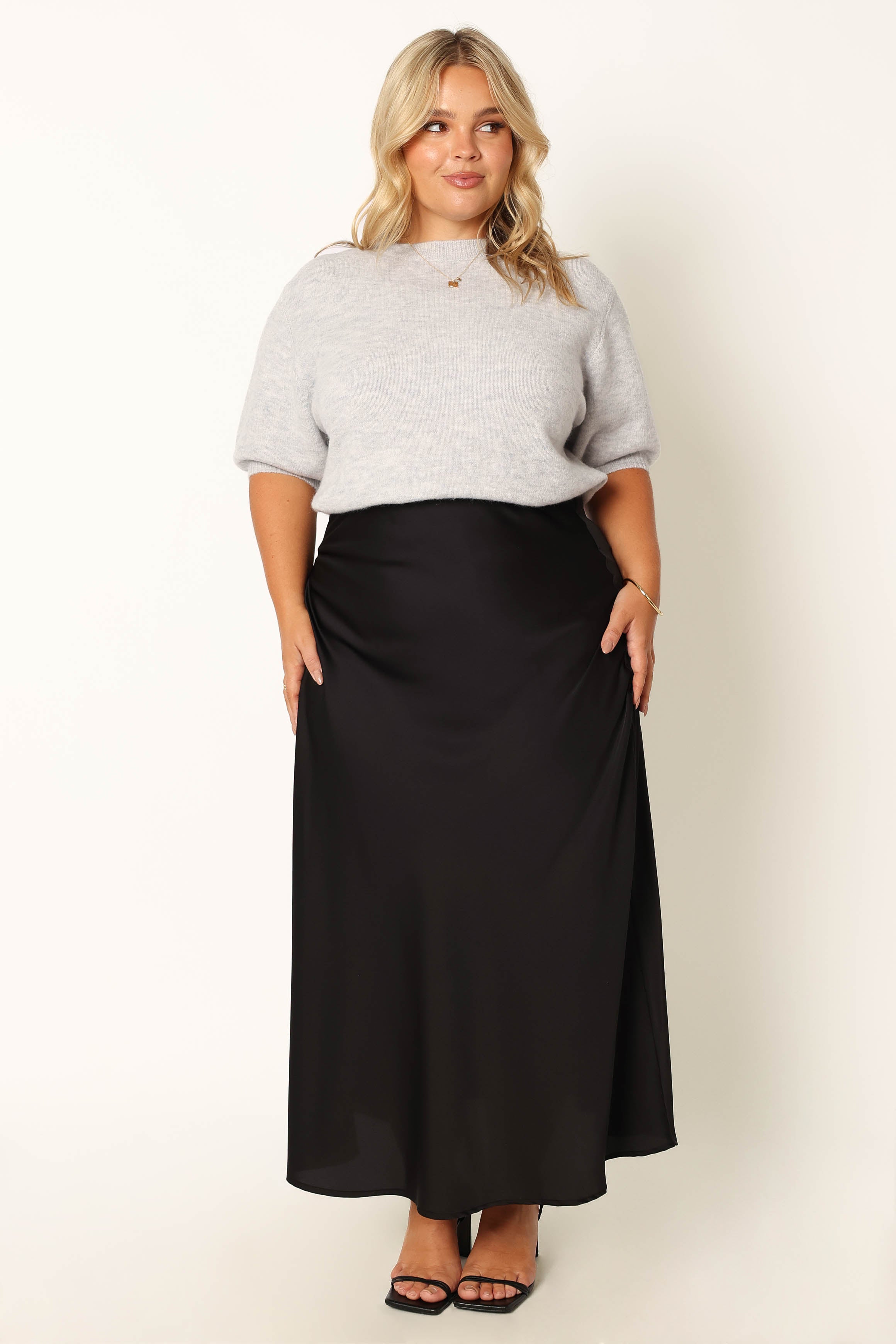 Cropped Knit Sweater with Puff Sleeves - Light Grey Recycled Polyester