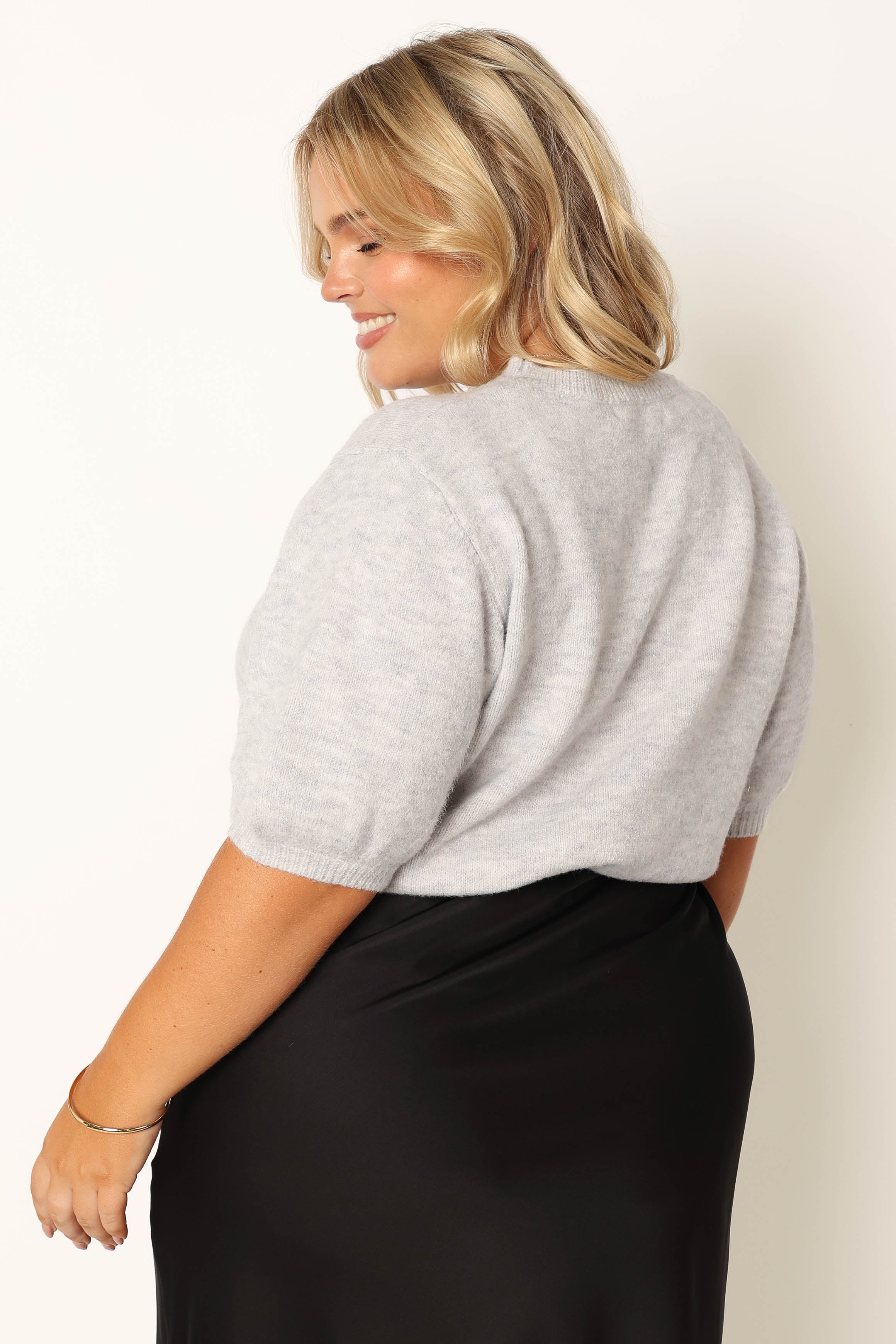 Cropped Knit Sweater with Puff Sleeves - Light Grey Recycled Polyester