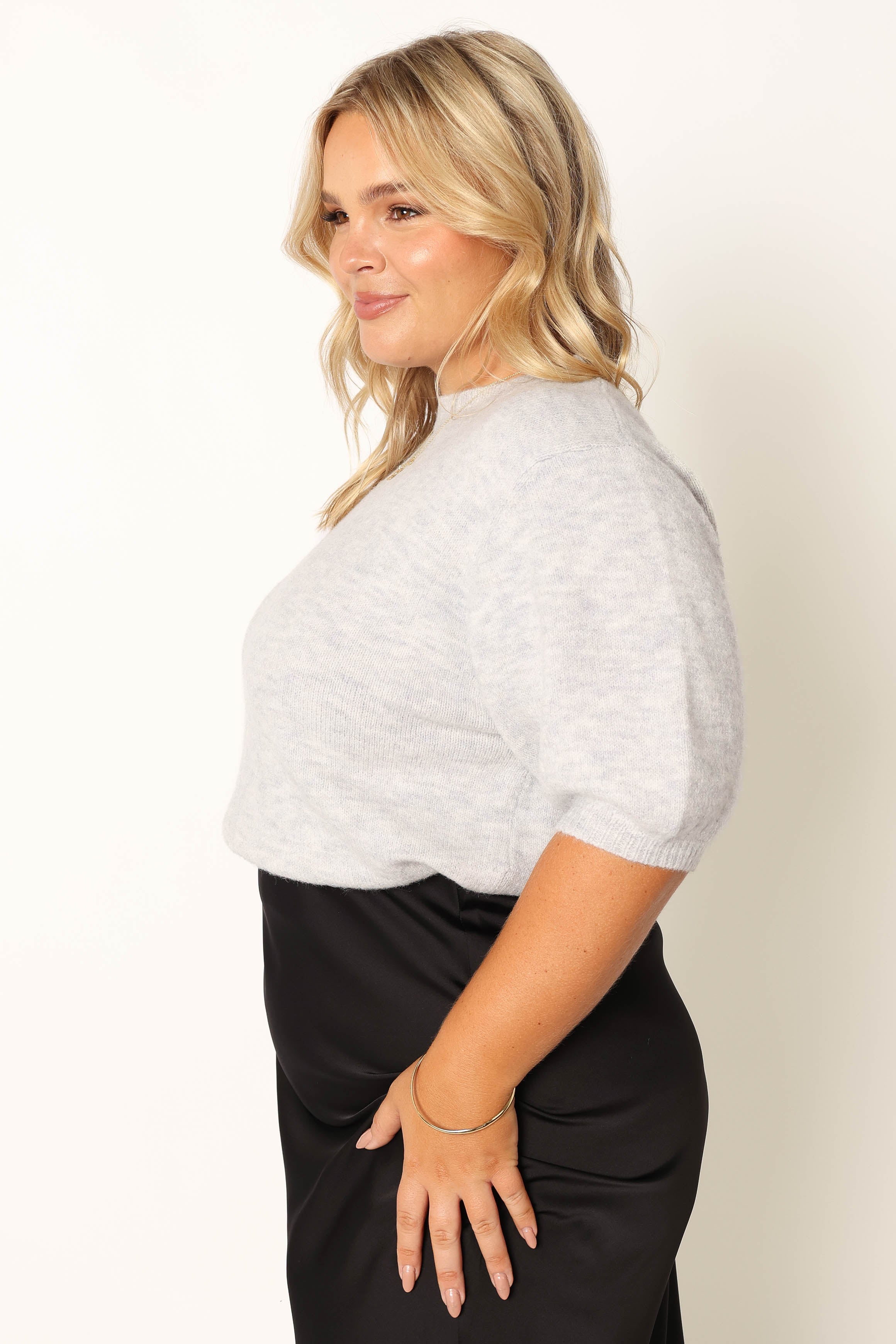 Cropped Knit Sweater with Puff Sleeves - Light Grey Recycled Polyester