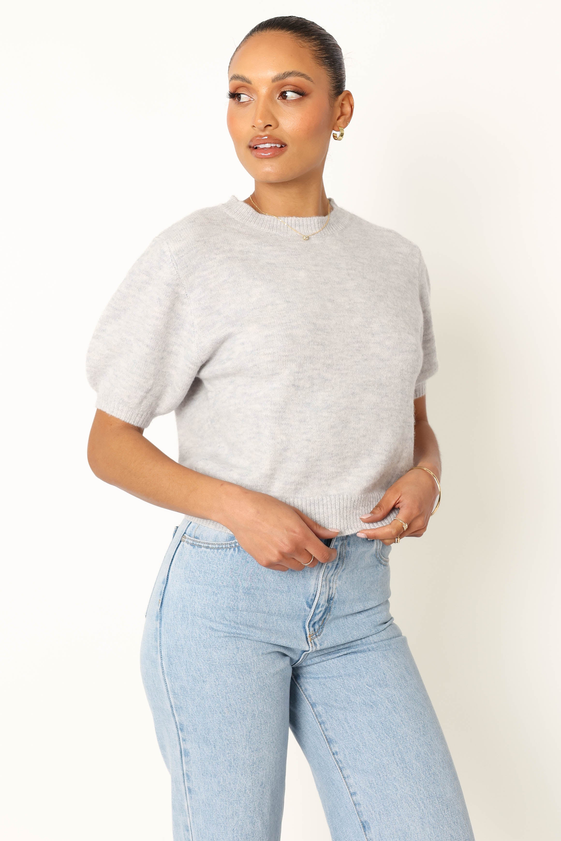 Cropped Knit Sweater with Puff Sleeves - Light Grey Recycled Polyester