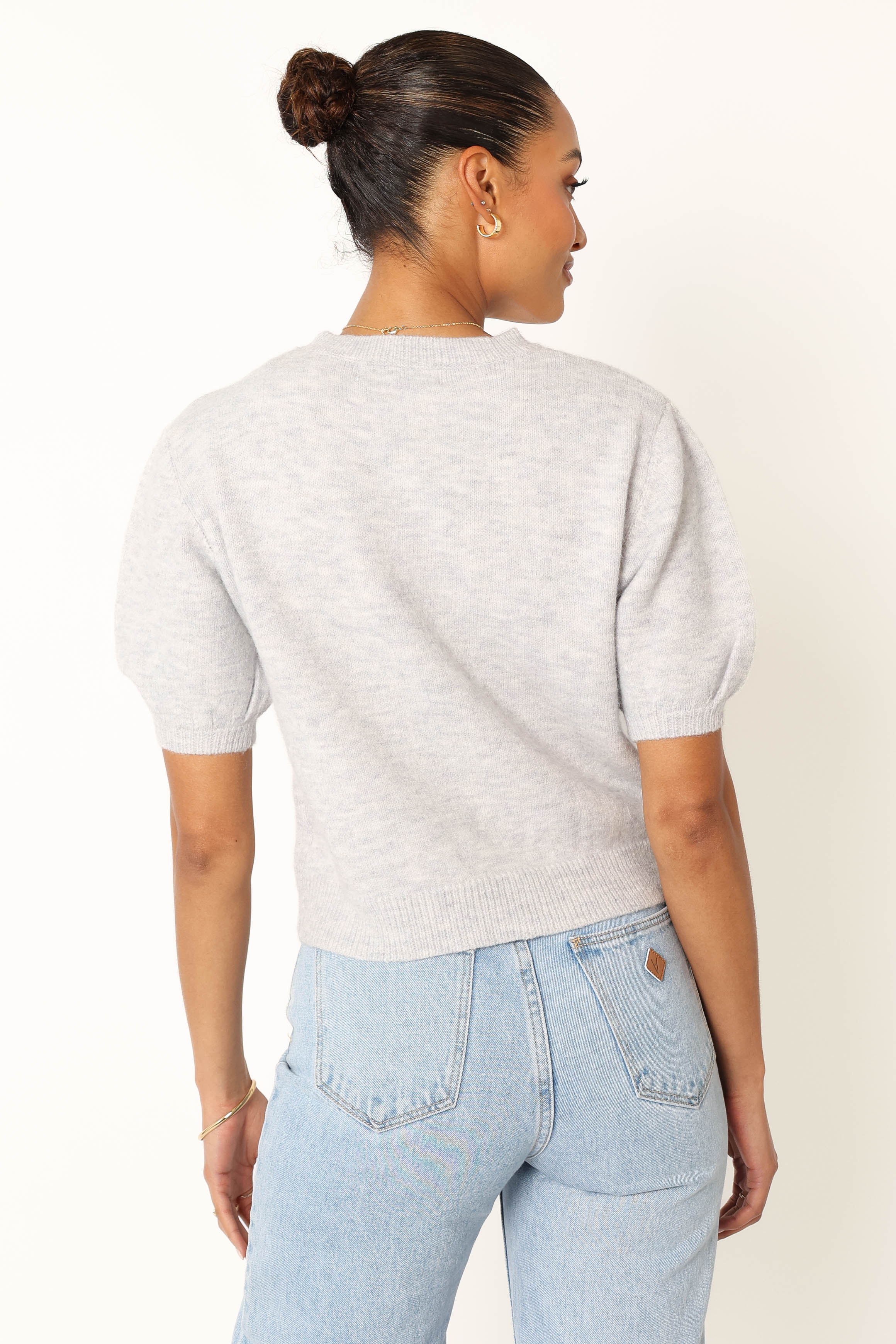 Cropped Knit Sweater with Puff Sleeves - Light Grey Recycled Polyester