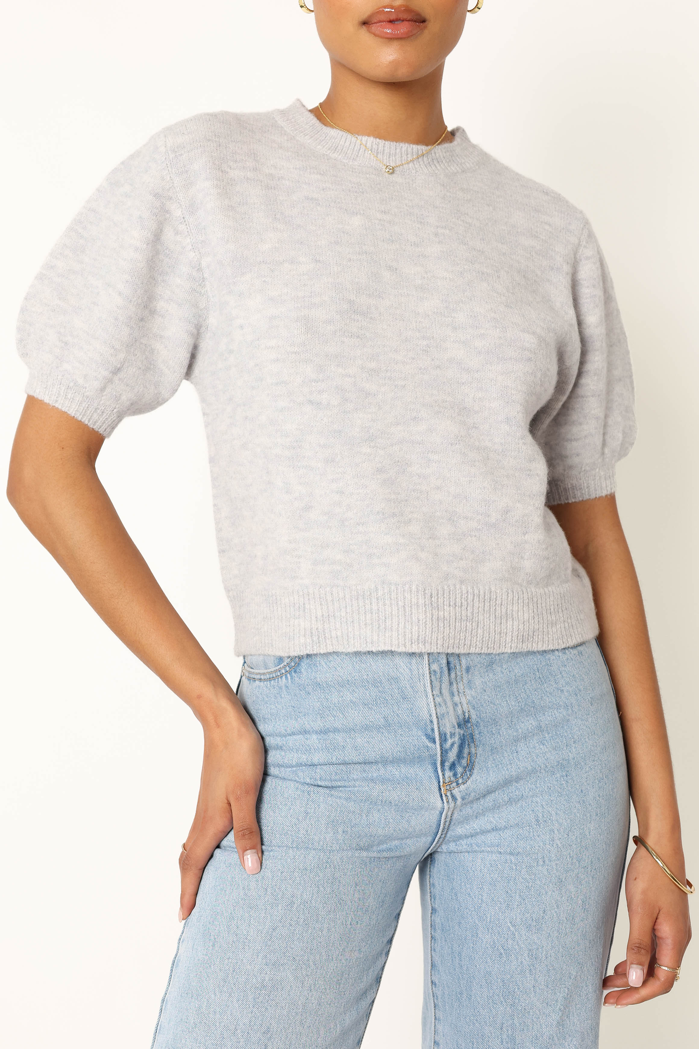 Cropped Knit Sweater with Puff Sleeves - Light Grey Recycled Polyester