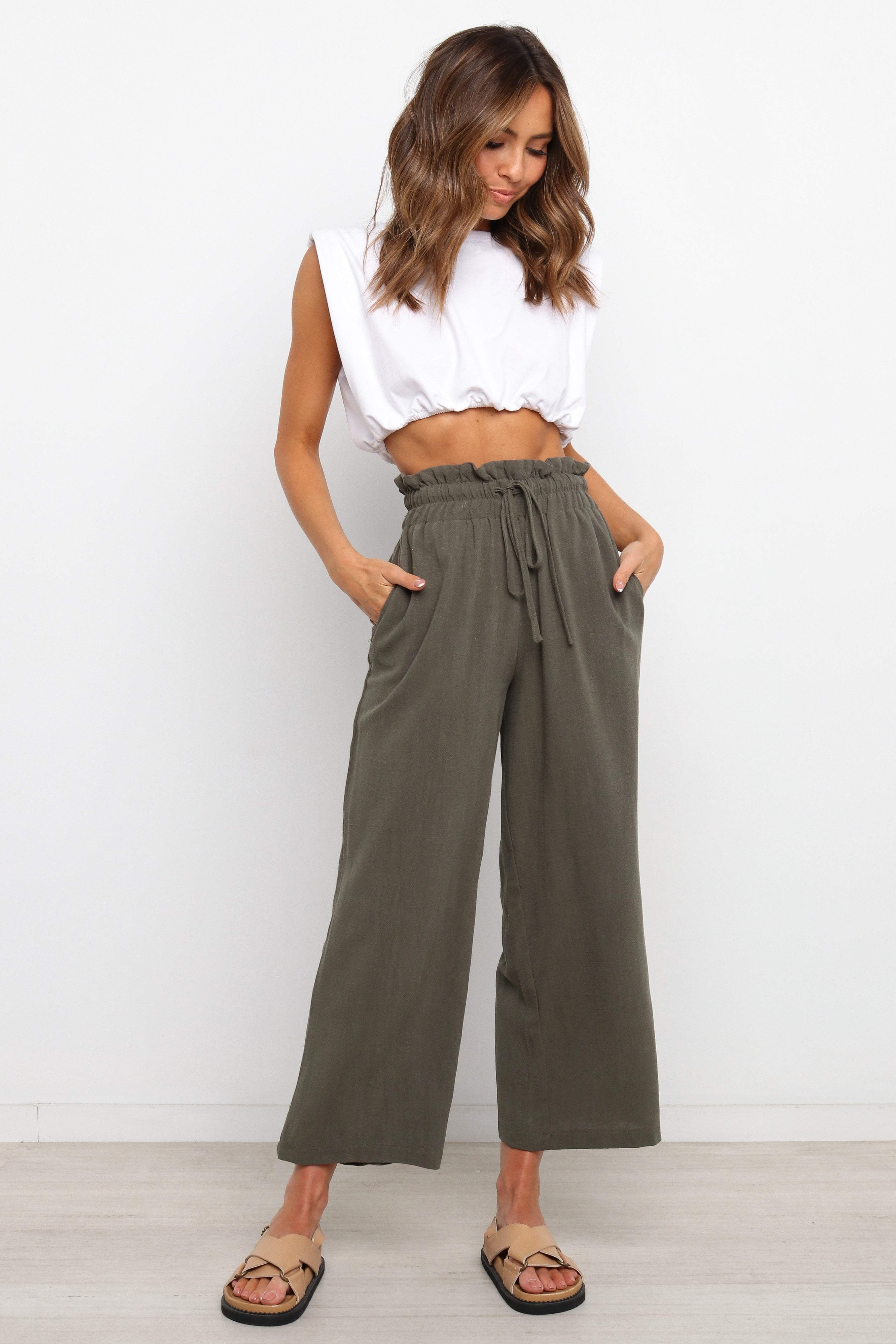 High Waisted Linen Blend Pants with Drawstring Waist - Olive