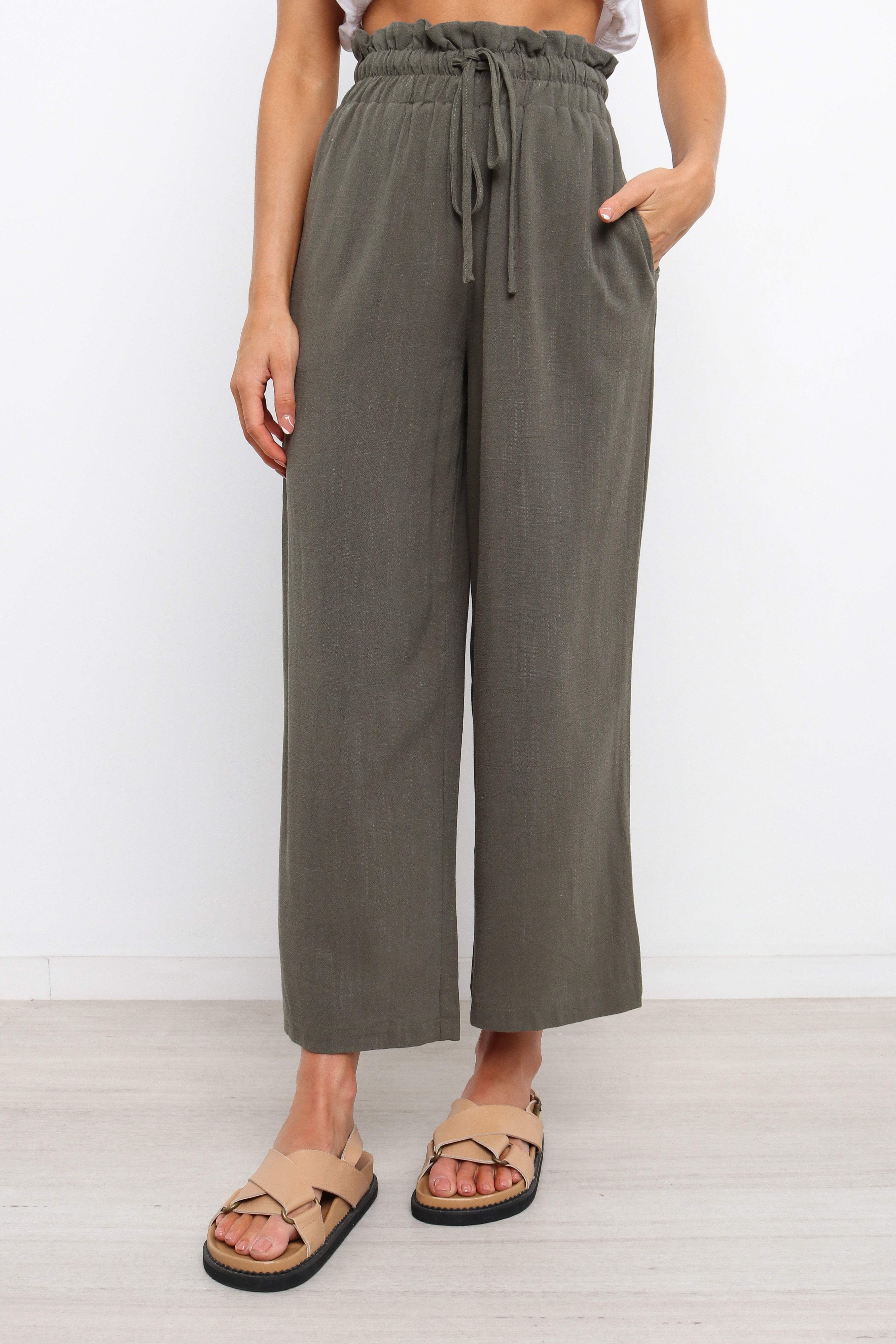 High Waisted Linen Blend Pants with Drawstring Waist - Olive