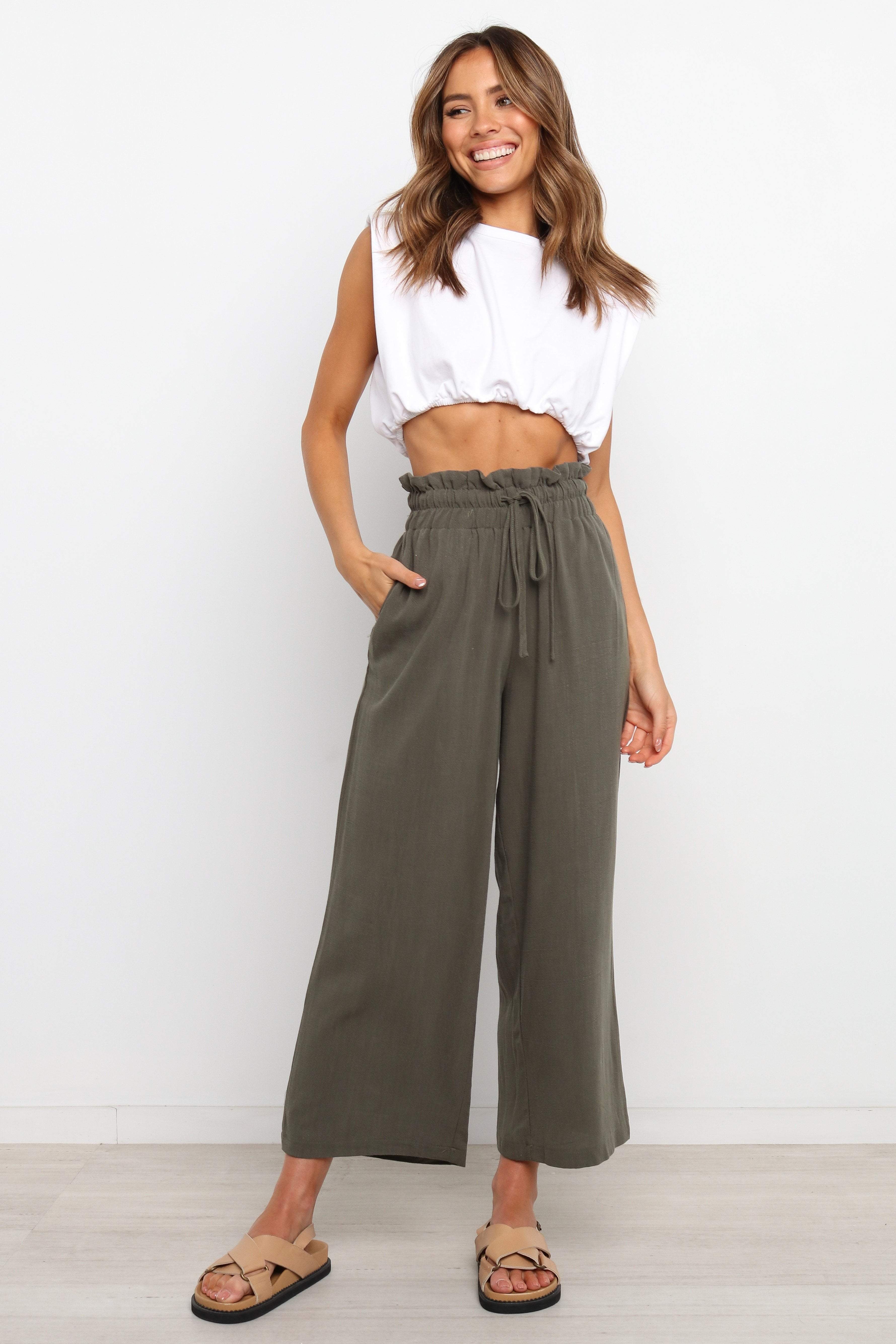 High Waisted Linen Blend Pants with Drawstring Waist - Olive