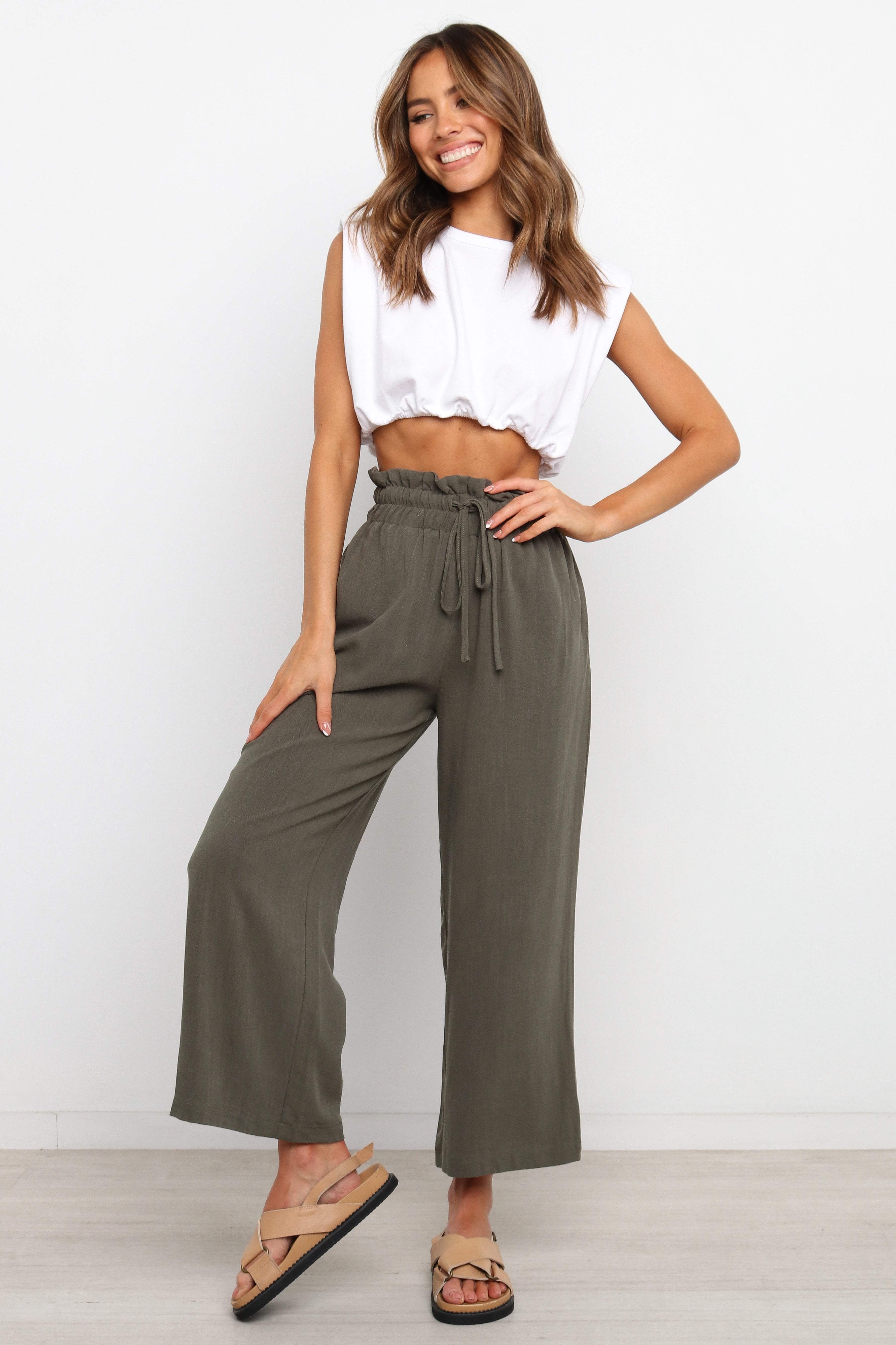 High Waisted Linen Blend Pants with Drawstring Waist - Olive