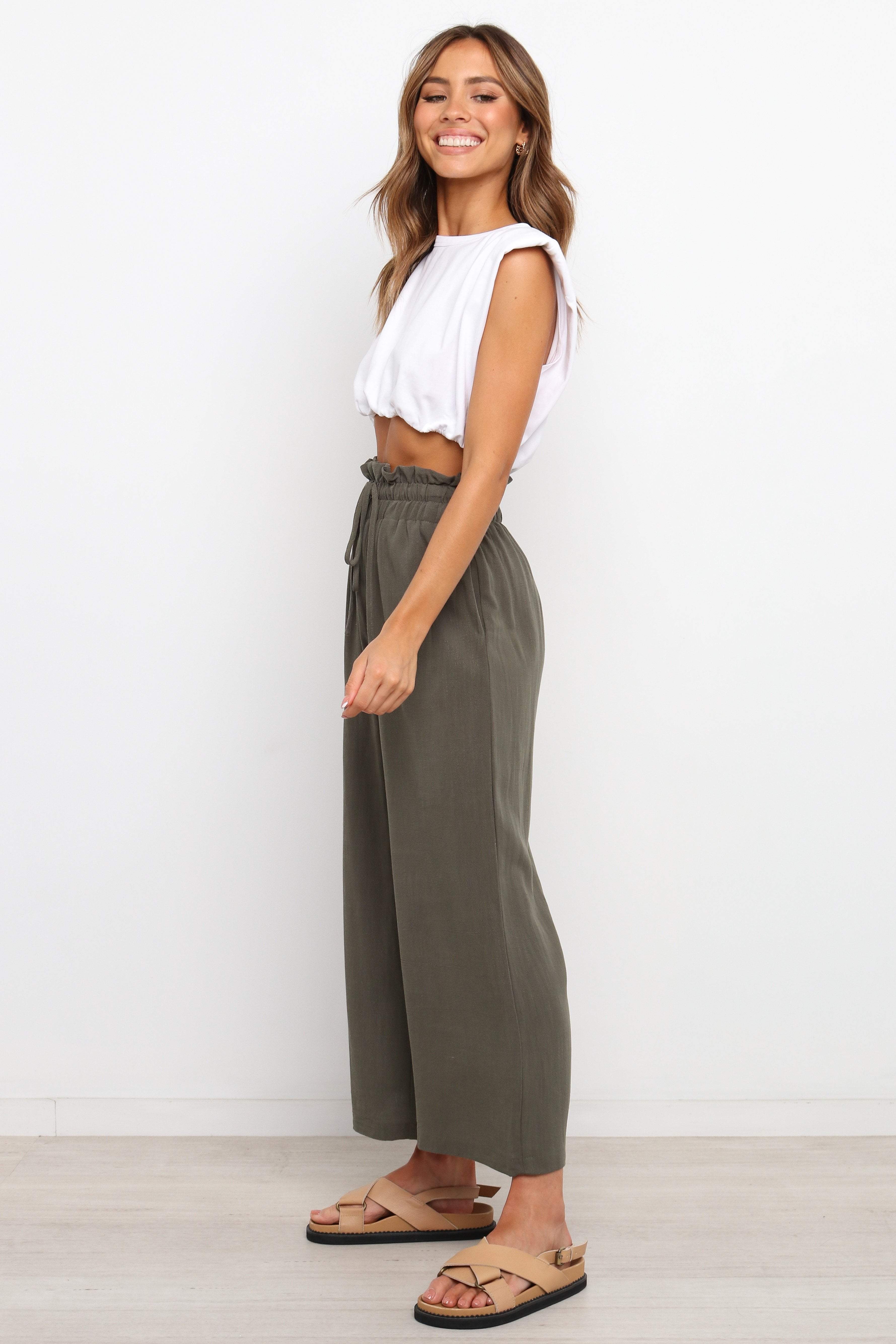 High Waisted Linen Blend Pants with Drawstring Waist - Olive